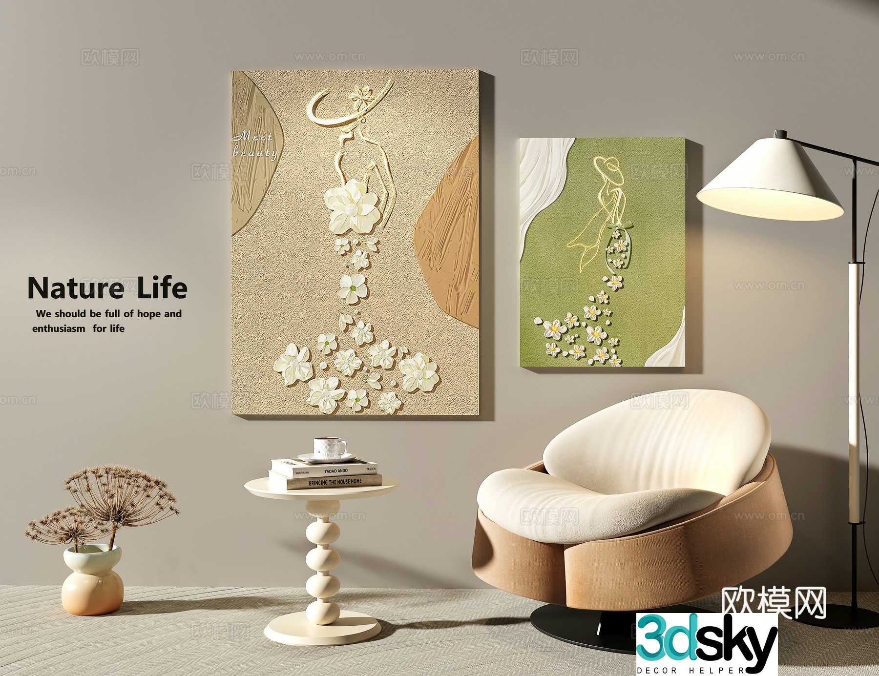 Texture hanging painting casual sofa internet celebrity sofa coffee table floor lamp abstract figure painting 3d model