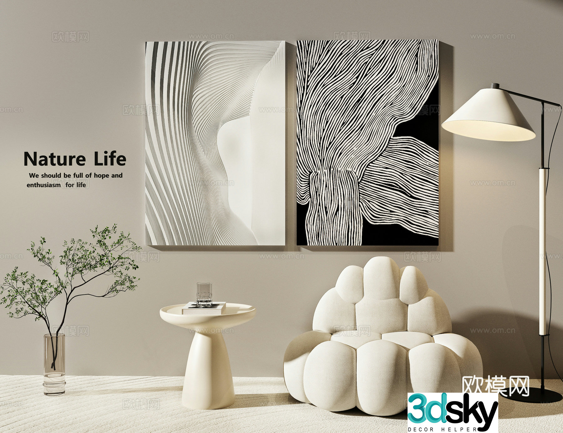 Modern Wasabi Black and White Hanging Painting Texture Decoration Painting Black and White Texture Abstract Painting Casual Sofa Internet Celebrity 3D Model