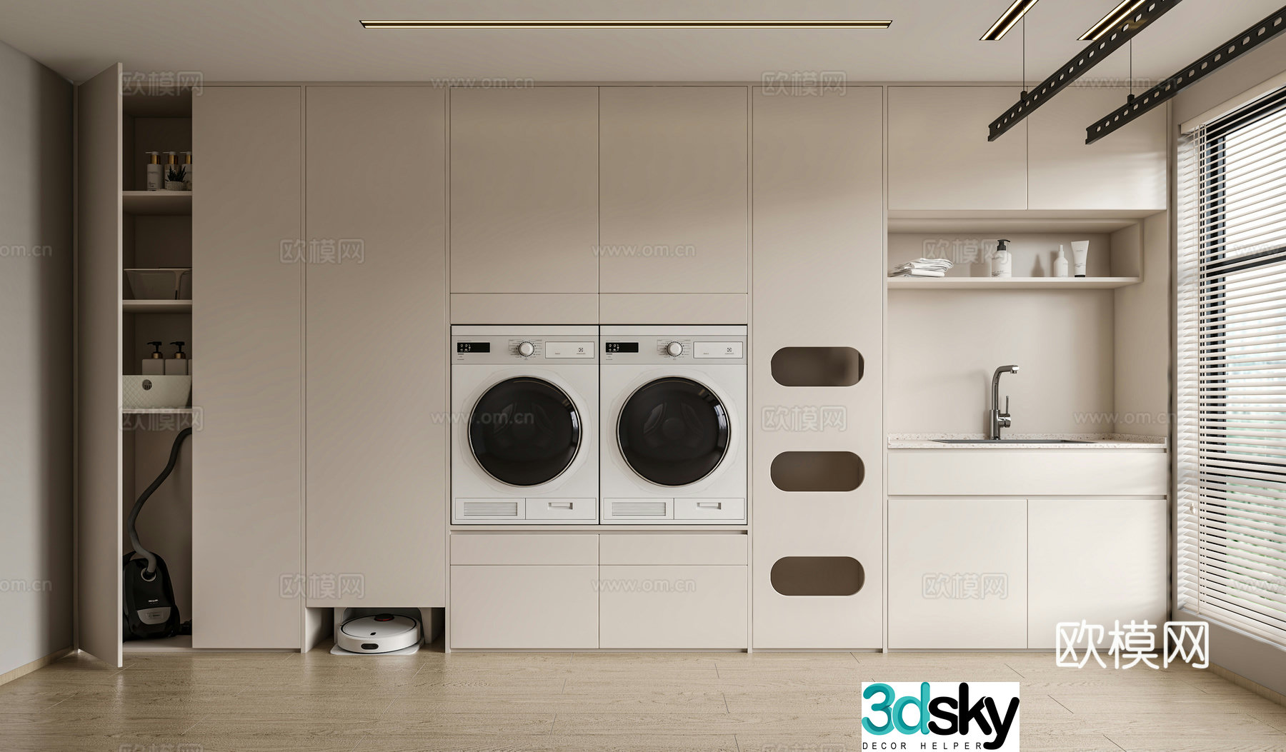 Laundry room washing machine cabinet electric clothes drying rack sweeping robot vacuum cleaner 3D model