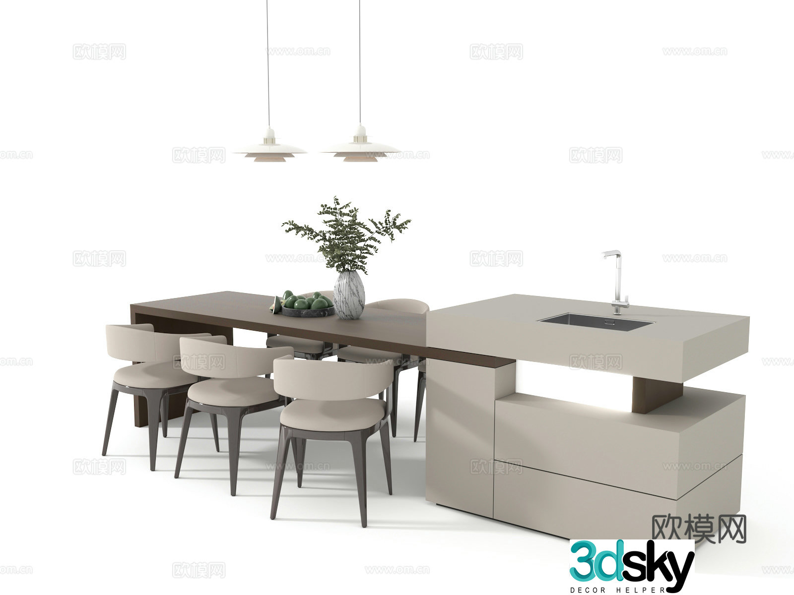 Modern creamy island dining table and chair combination 3D model