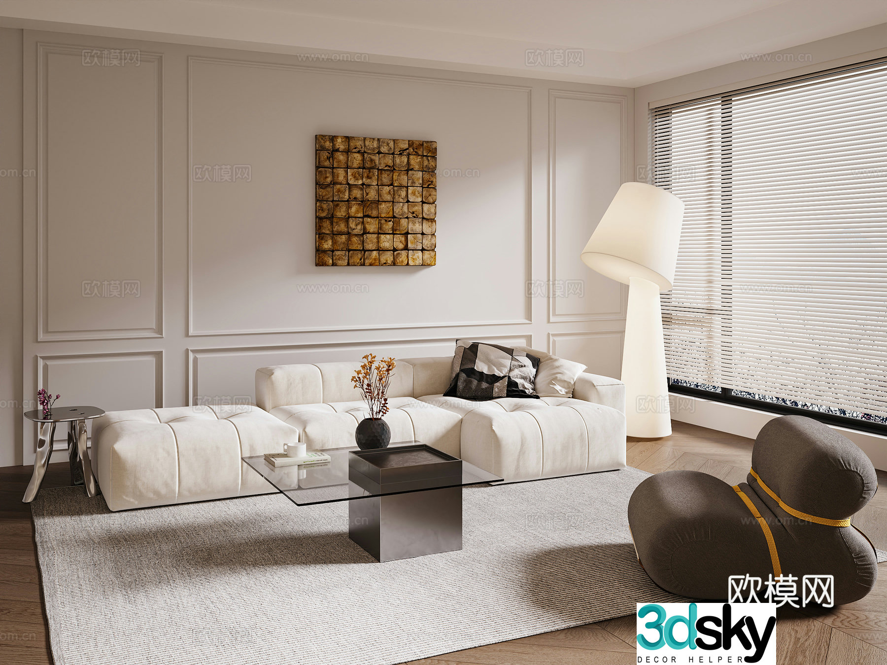 Simple European style living room fabric sofa combination cream style living room floor lamp 3d model