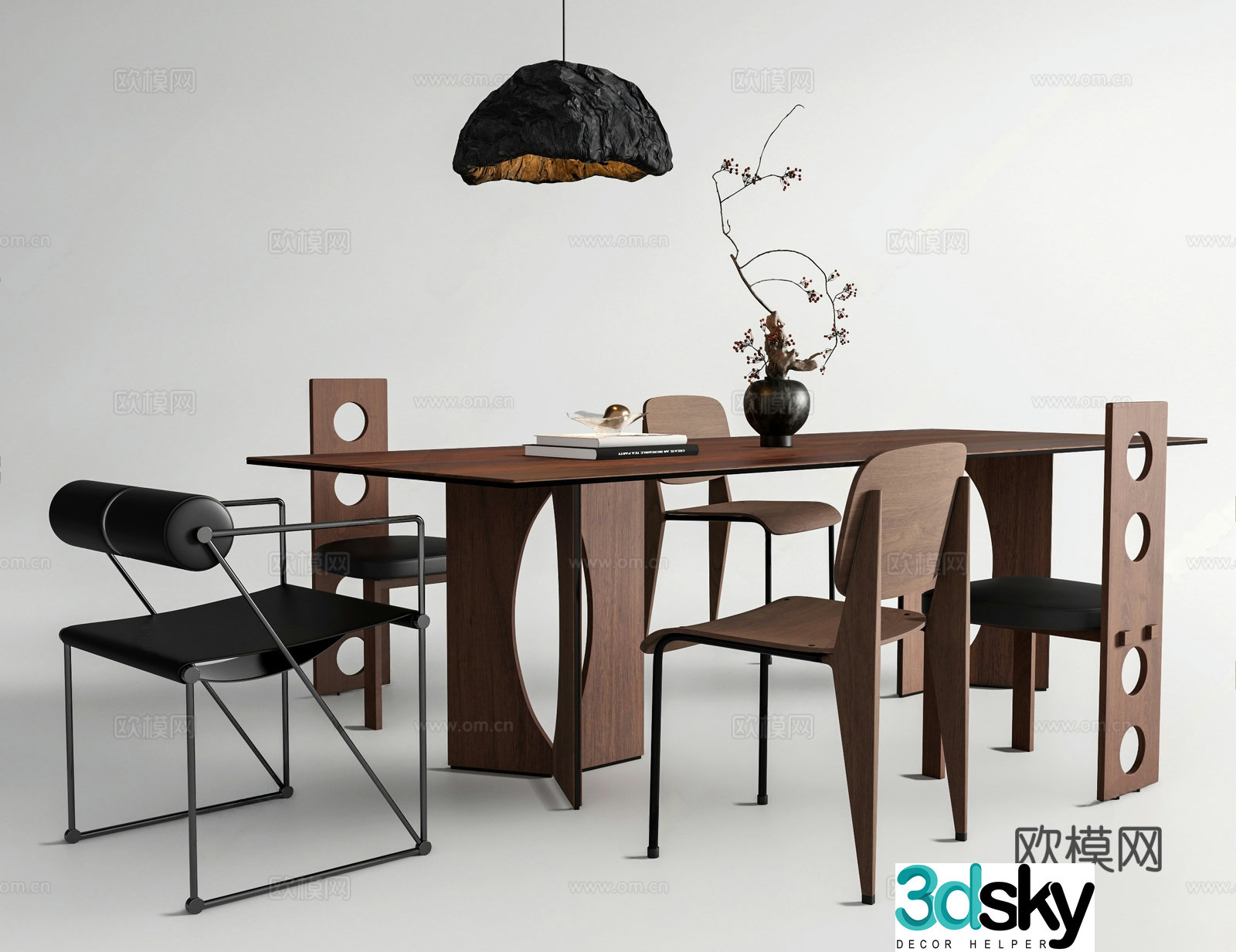 Modern medieval dining table and chairs Solid wood dining chairs Long-shaped chairs Back chairs Stainless steel chairs Stone 3D model