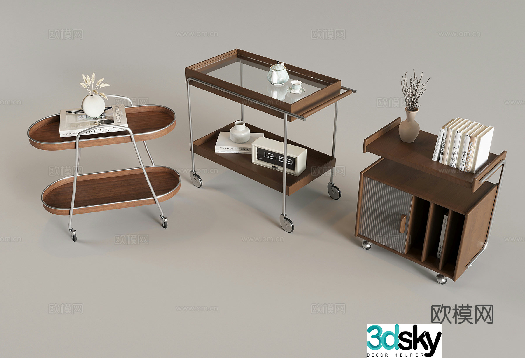 Medium style solid wood trolley movable storage rack sofa edge table corner table 3D model