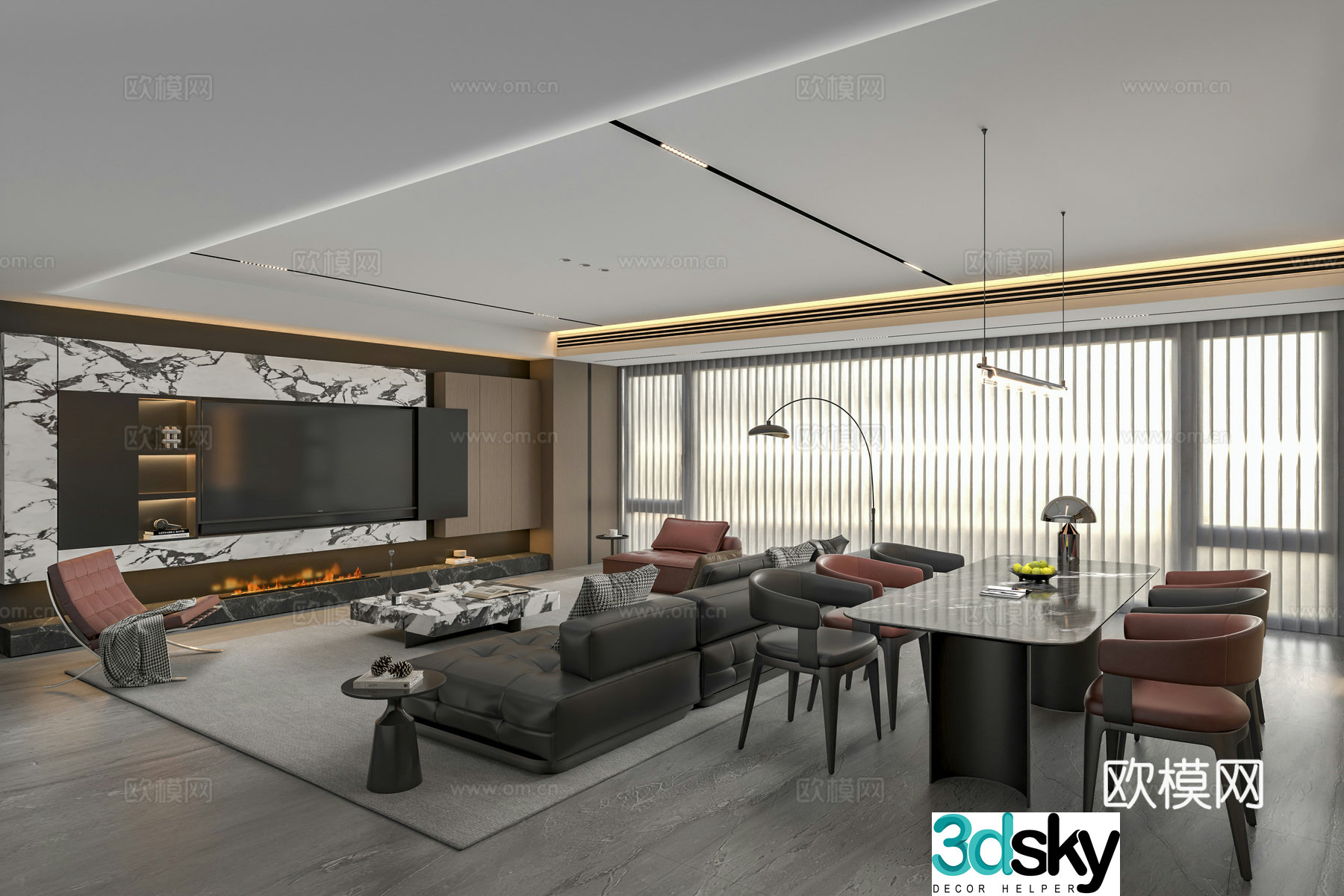 Modern Italian living restaurant Italian sofa coffee table combination Italian dining table and chair 3D model