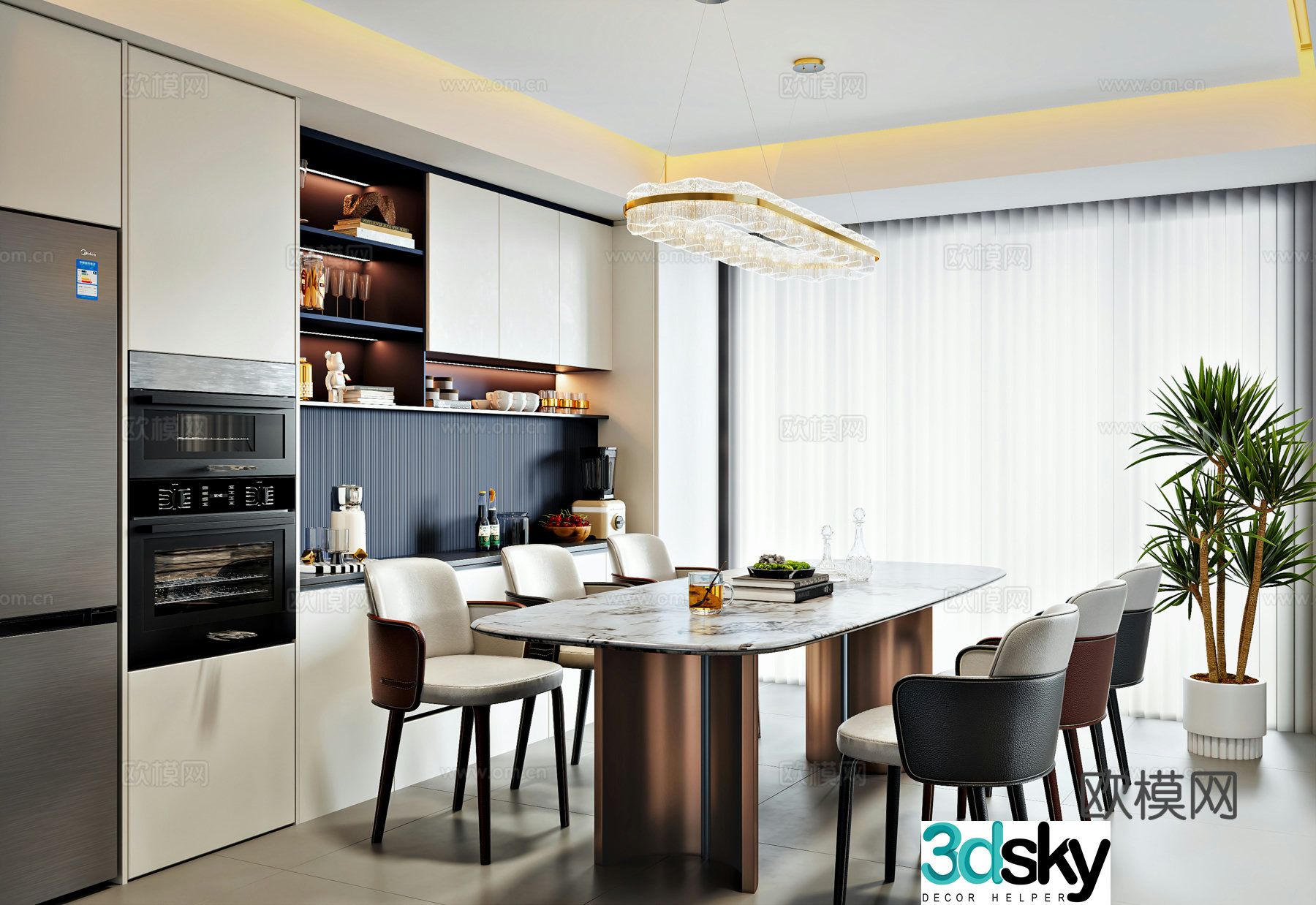Modern minimalist restaurant sideboard refrigerator cabinet chandeliers dining table and chair combination 3D model