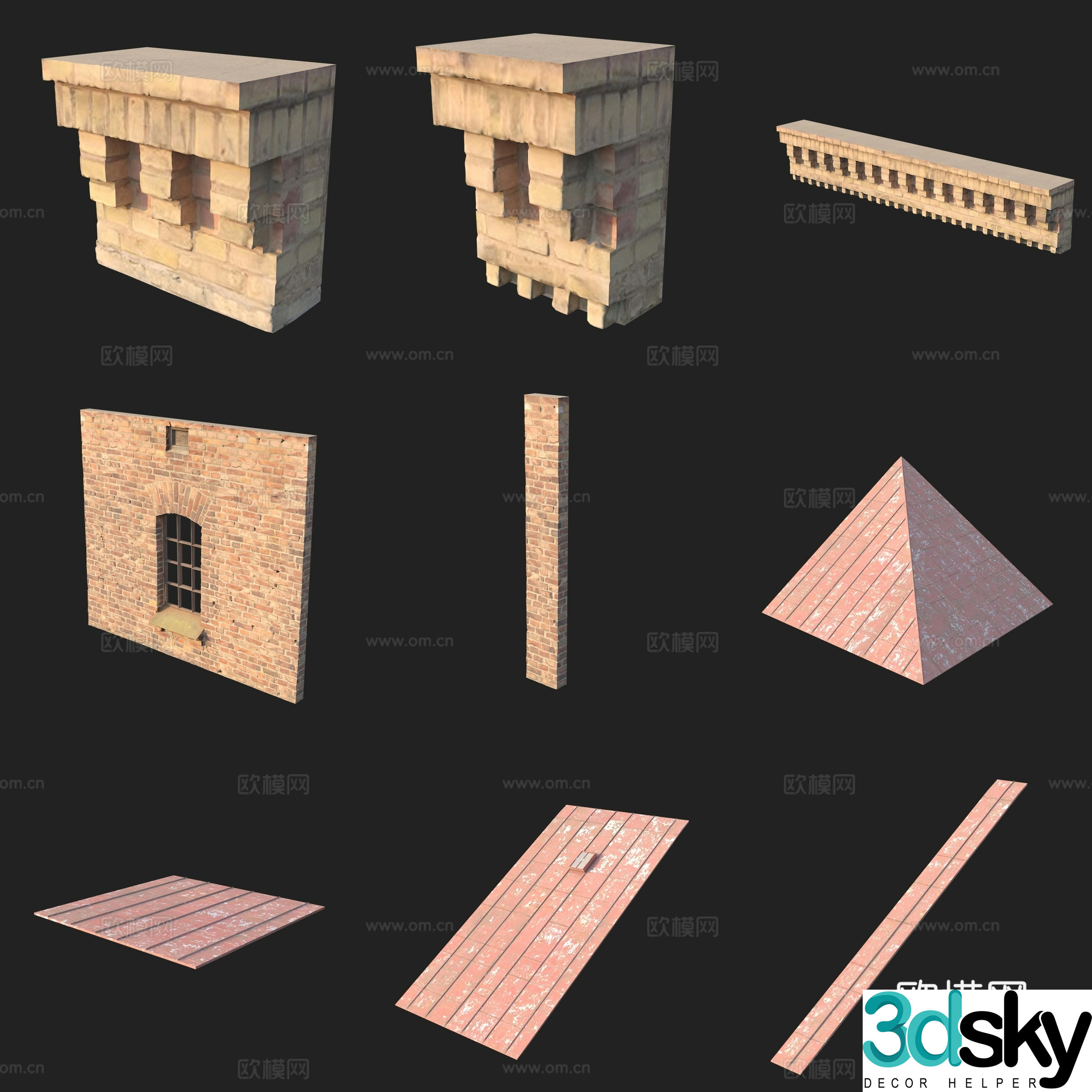 Doors and windows roof red brick wall column 3d model