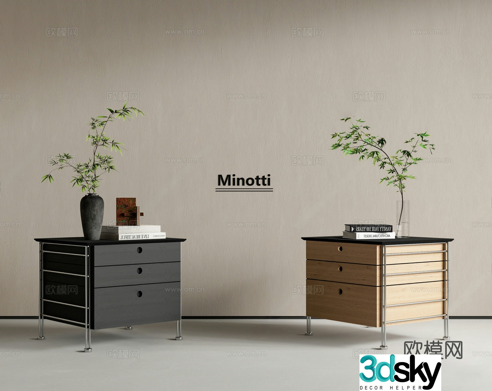 Middle-aged log bedside table Square Wasabi wind Wood side corner decoration combination Flower 3D model
