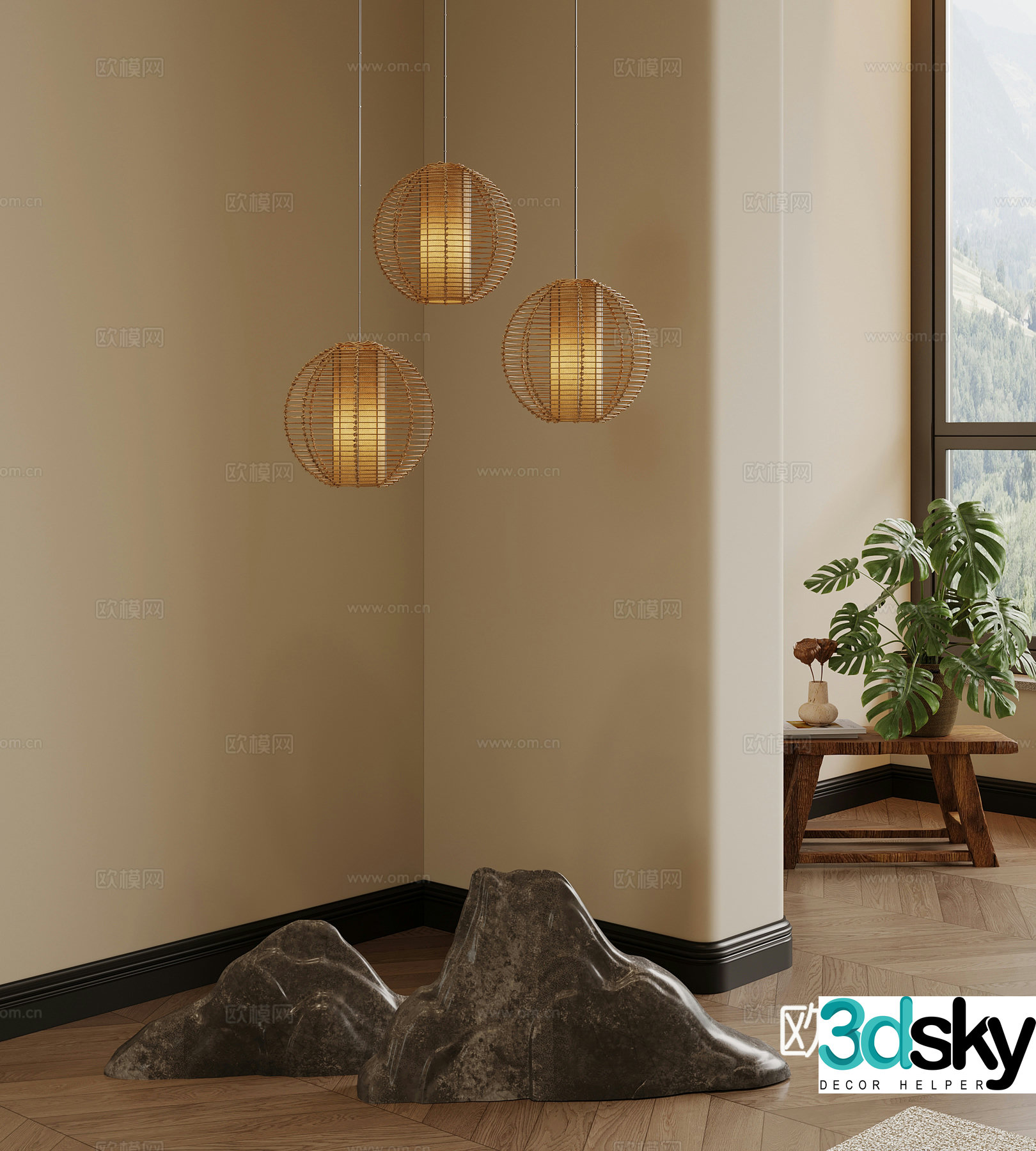 New Chinese chandeliers rattan lamps 3D model