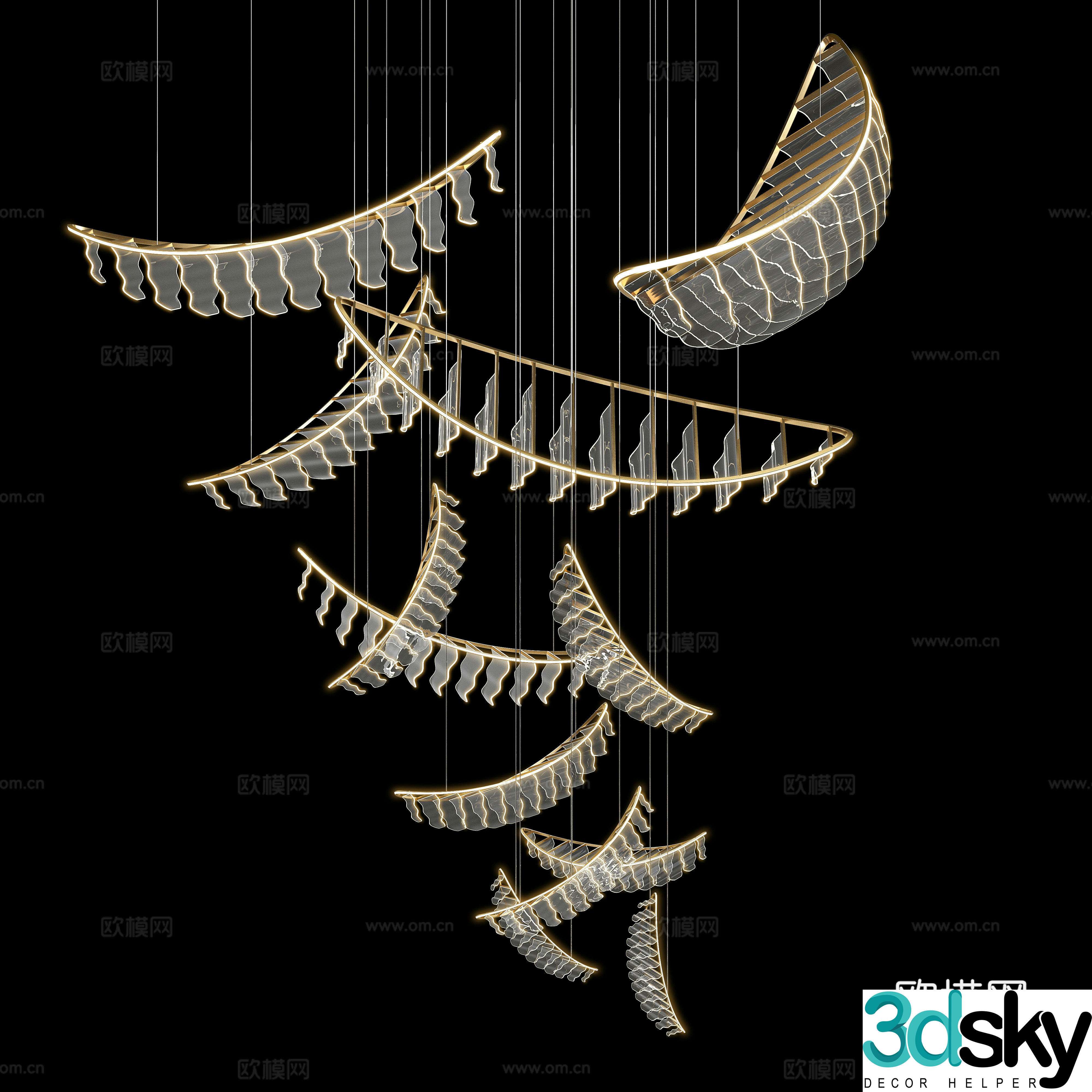 Beautiful crescent-shaped boat-shaped metal crystal art chandeliers group 3D model