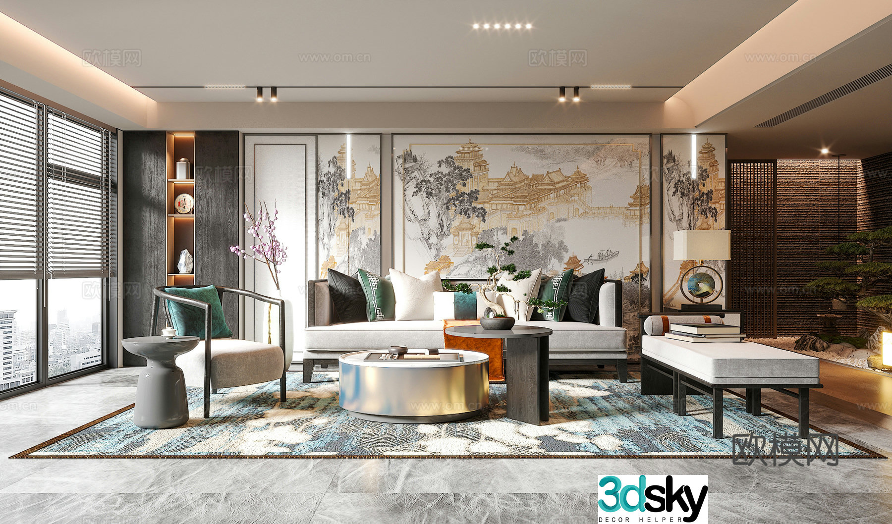 New Chinese living room sofa and coffee table combination green plants accessories desk lamp background wall 3D model