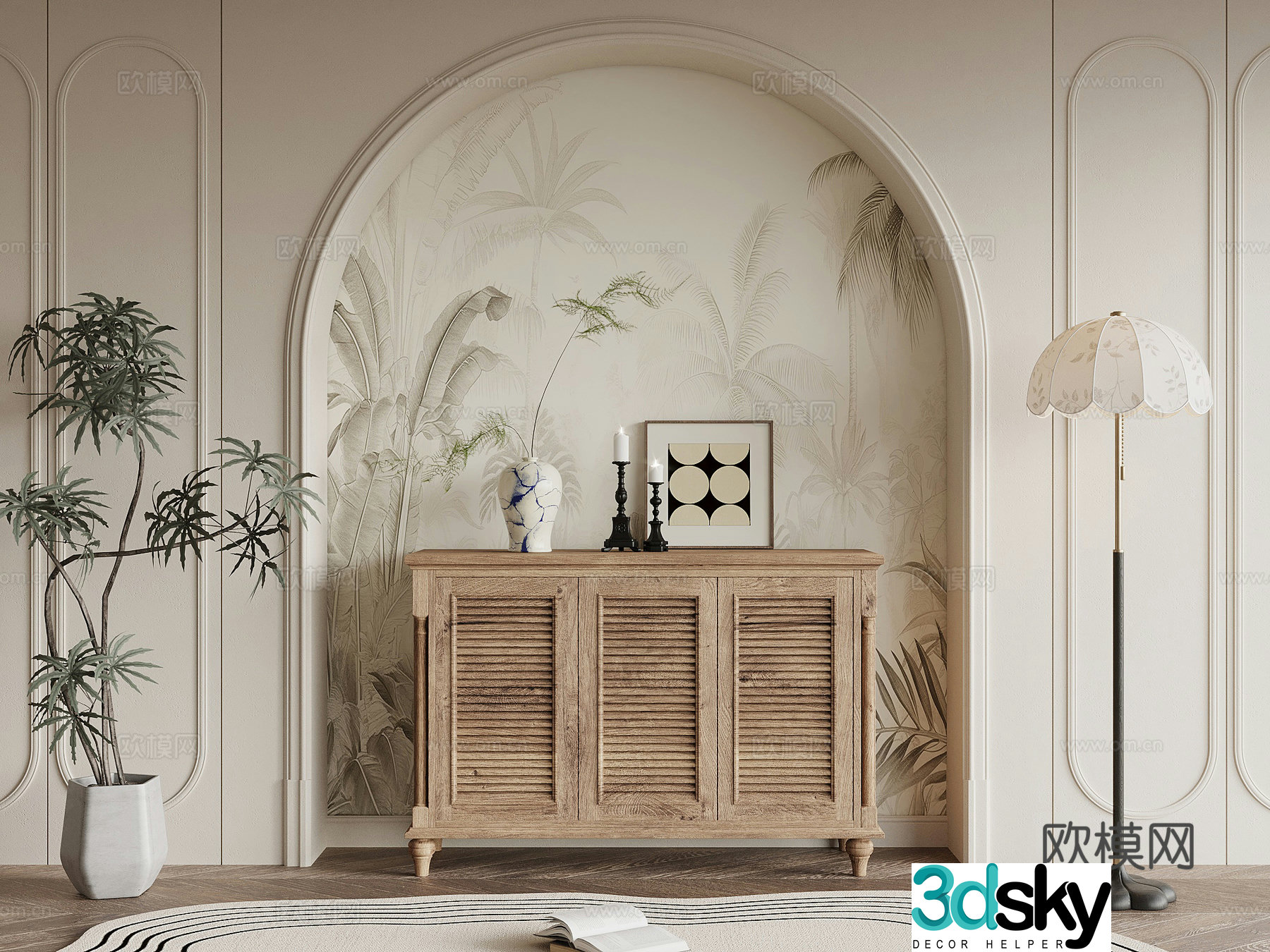 Entrance cabinet American style entrance cabinet Floor lamp Green plant 3D model