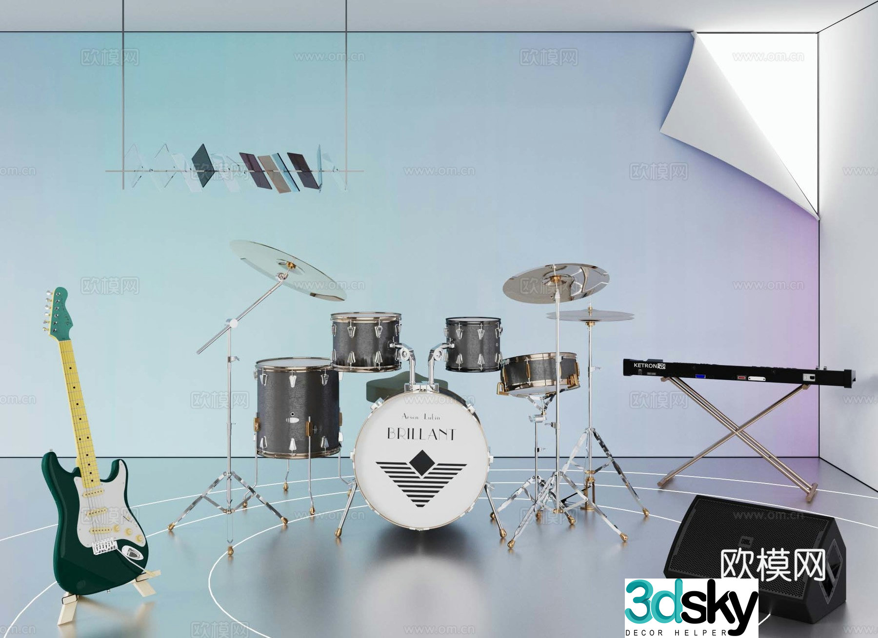 Modern musical instruments drum set electric guitar audio 3d model