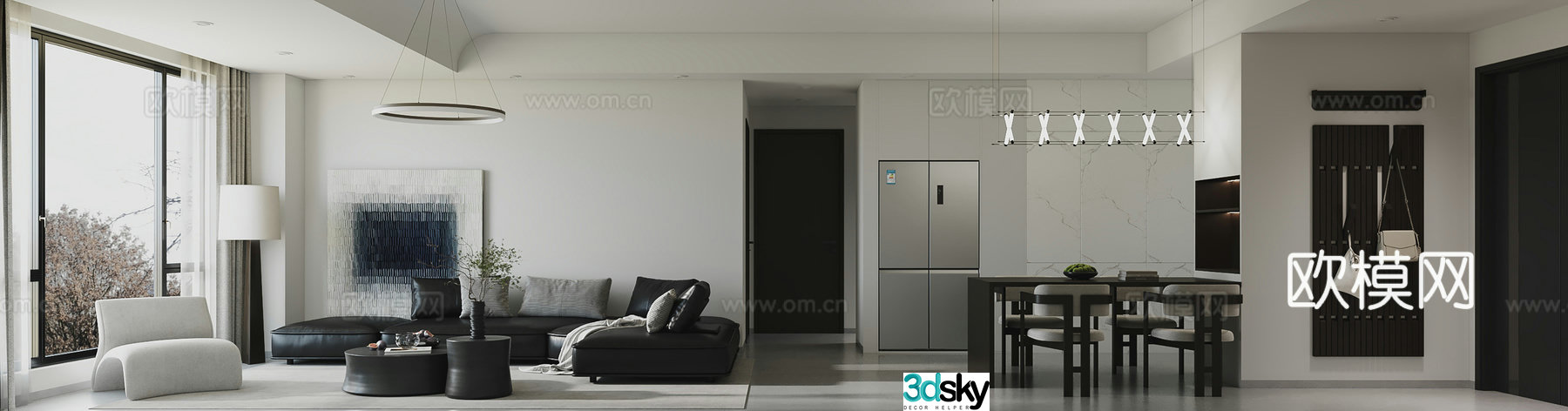 Modern living and dining room Minimalist living and dining room Black and white gray living and dining room 3D model
