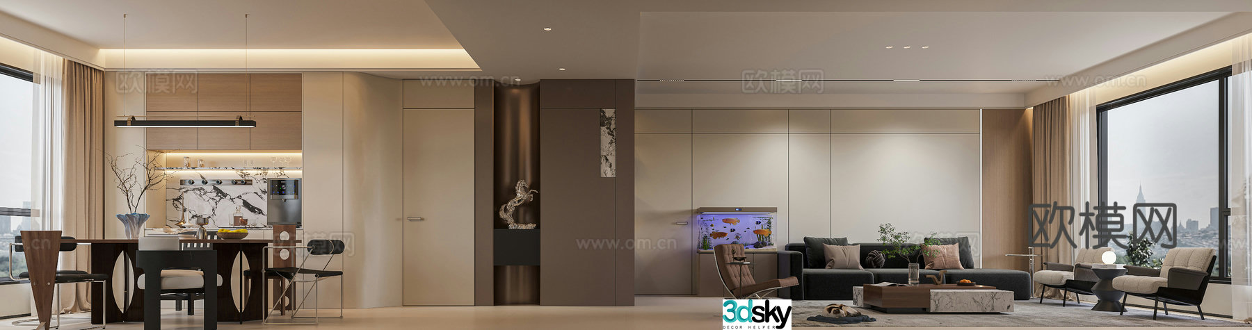 Modern living and dining room 3d model
