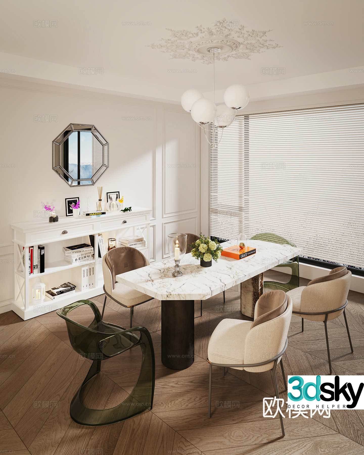 European restaurant dining table combination side cabinet ornament chandelier 3d model 3d model