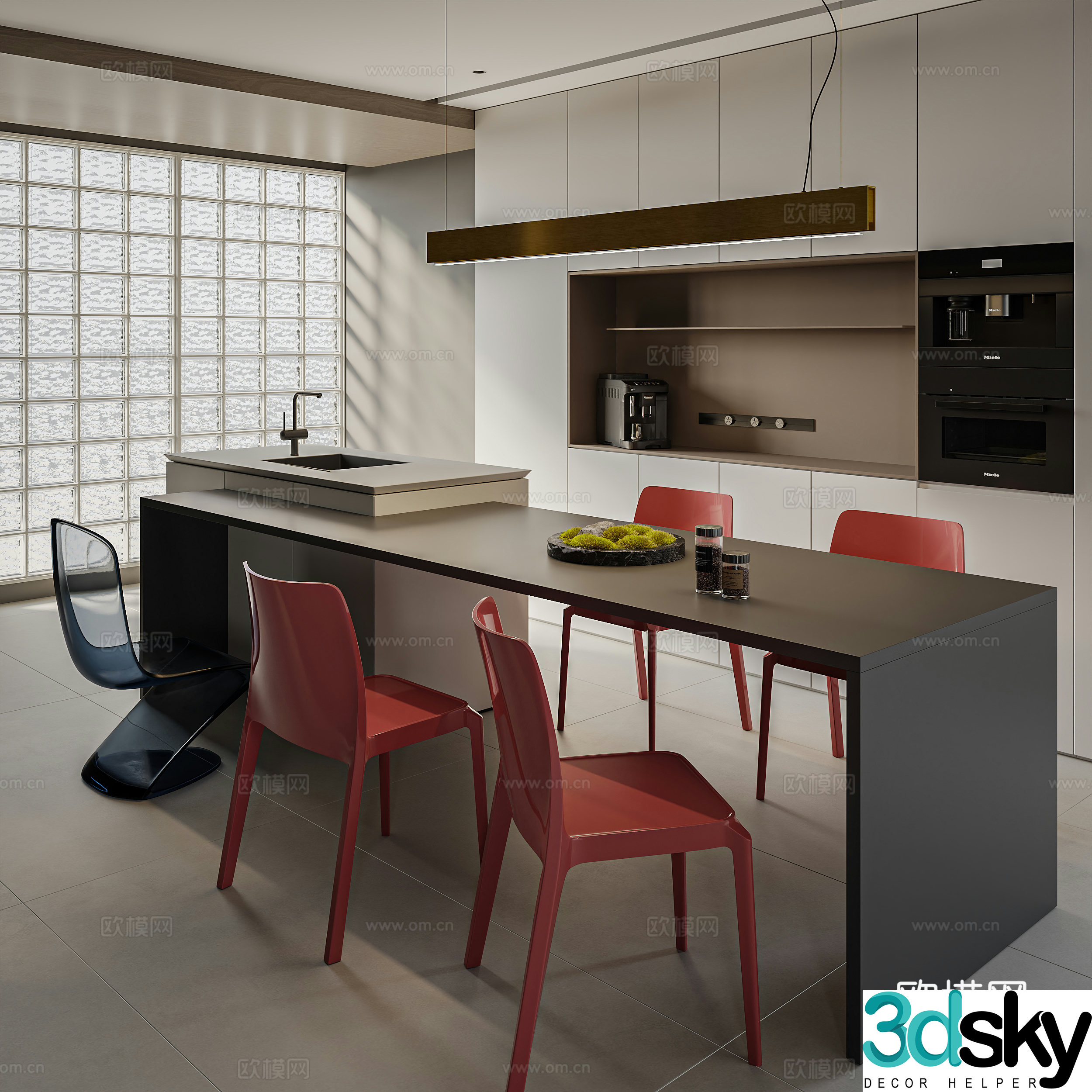 Modern island restaurant table and chair combination dining cabinet chandelier 3d model