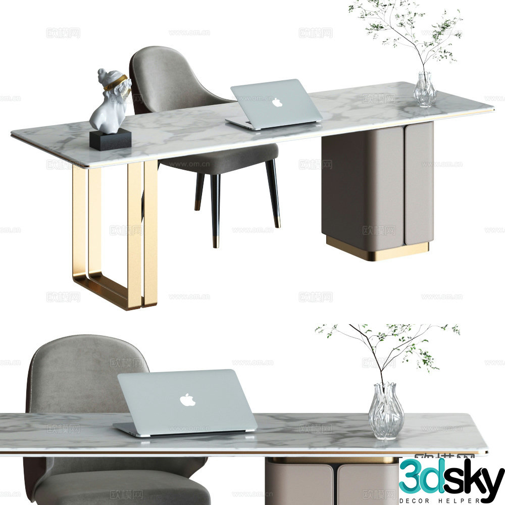 Light luxury office desk work desk computer desk large table marble table 3d model