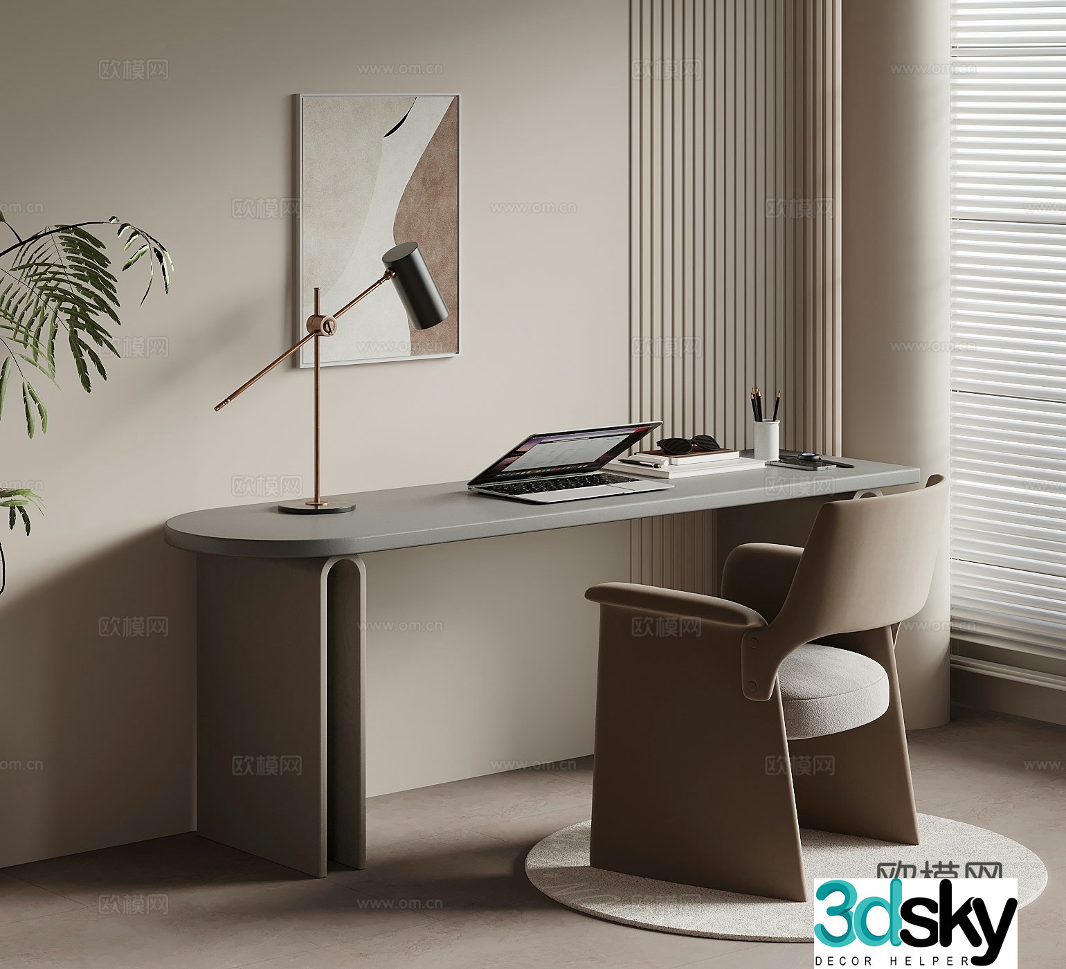 Desk Creamy Wind Wasabi Writing Desk Computer Desk Desk Chair 3D Model