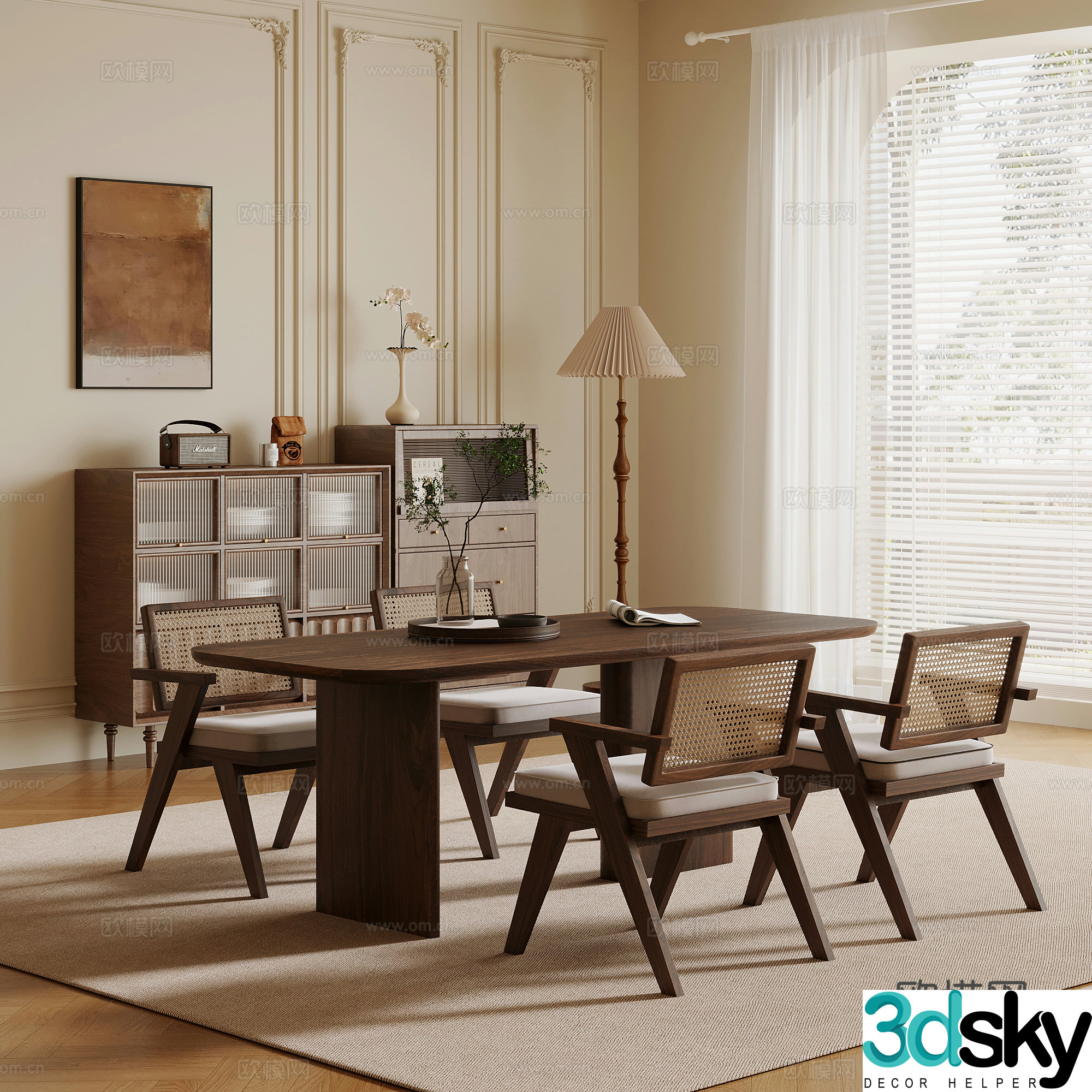 Restaurant French medieval restaurant Dining table and chairs Sideboard Floor lamp 3D model