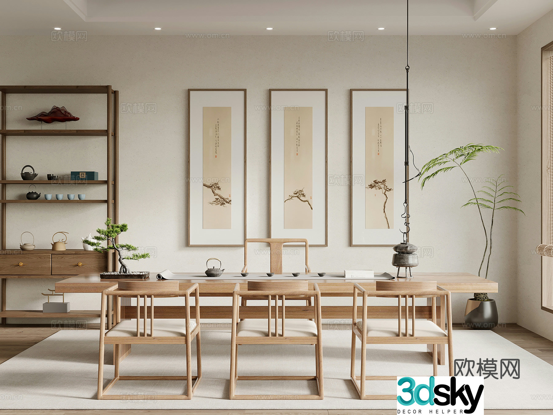 Tea room New Chinese style tea room Zen tea room Tea table and chair Bo Gu shelf 3D model