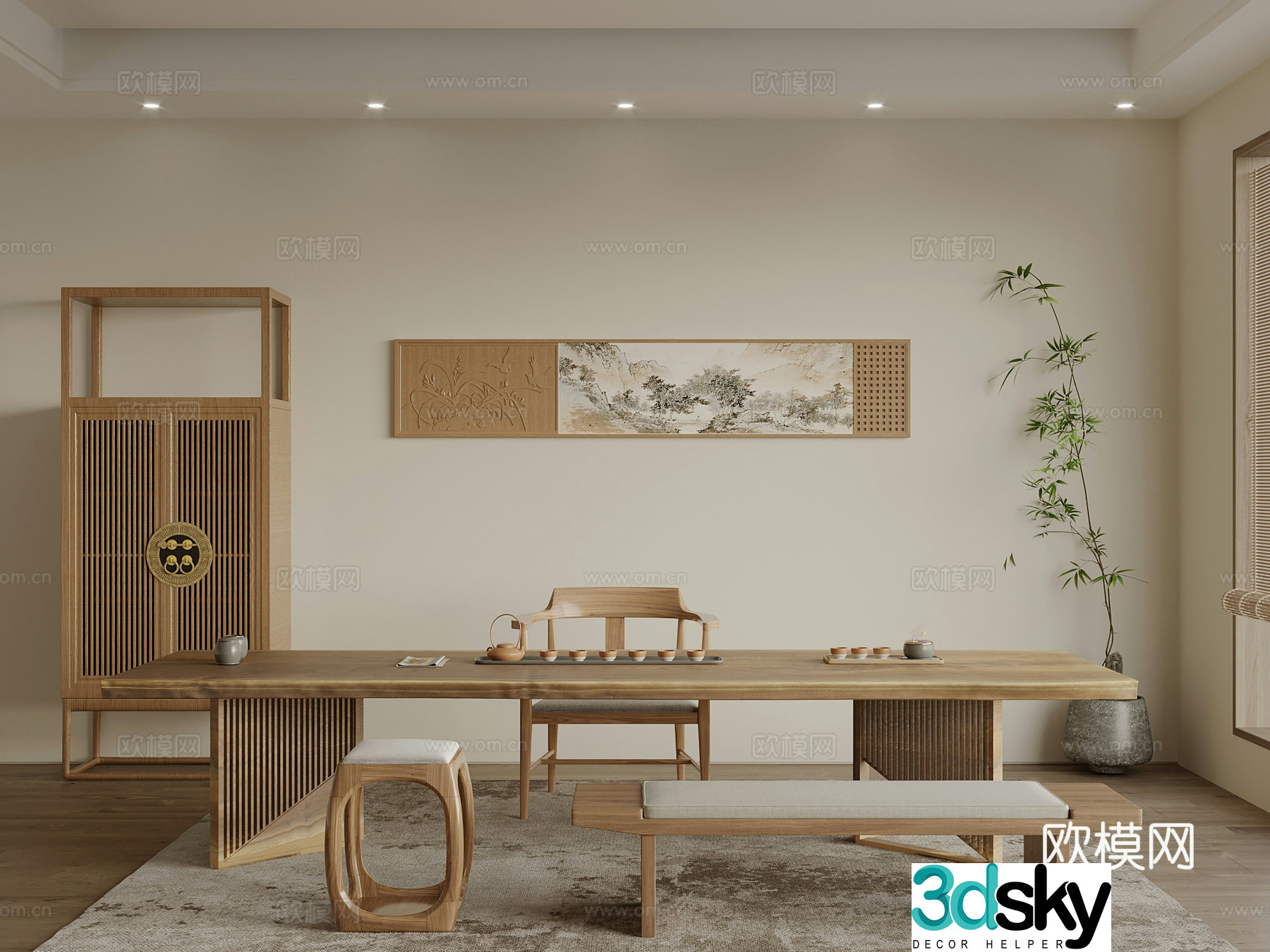 New Chinese-style tea room dining table and chair green plants 3D model
