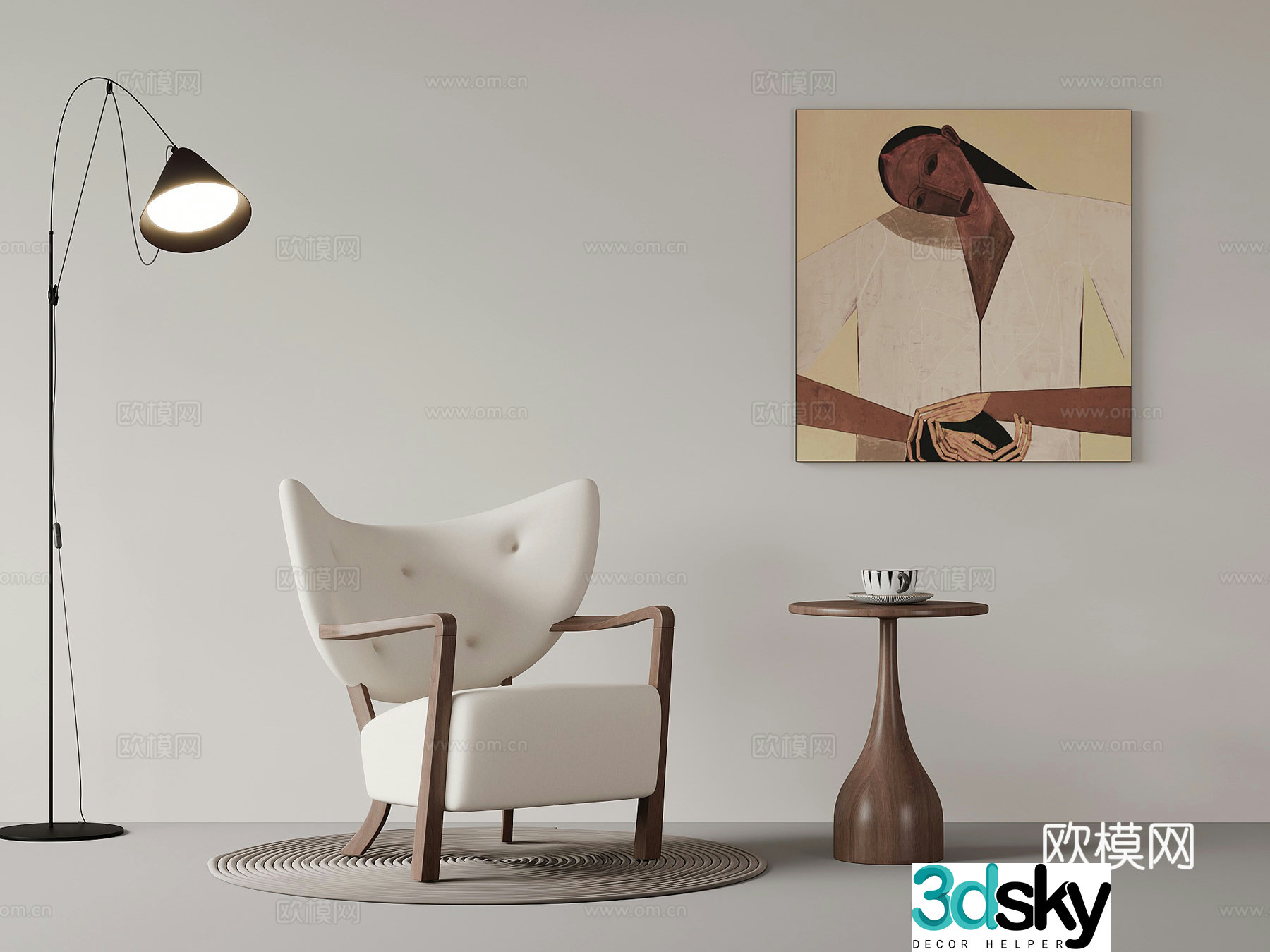 Leisure chair medieval style leisure chair side table floor lamp hanging painting 3D model