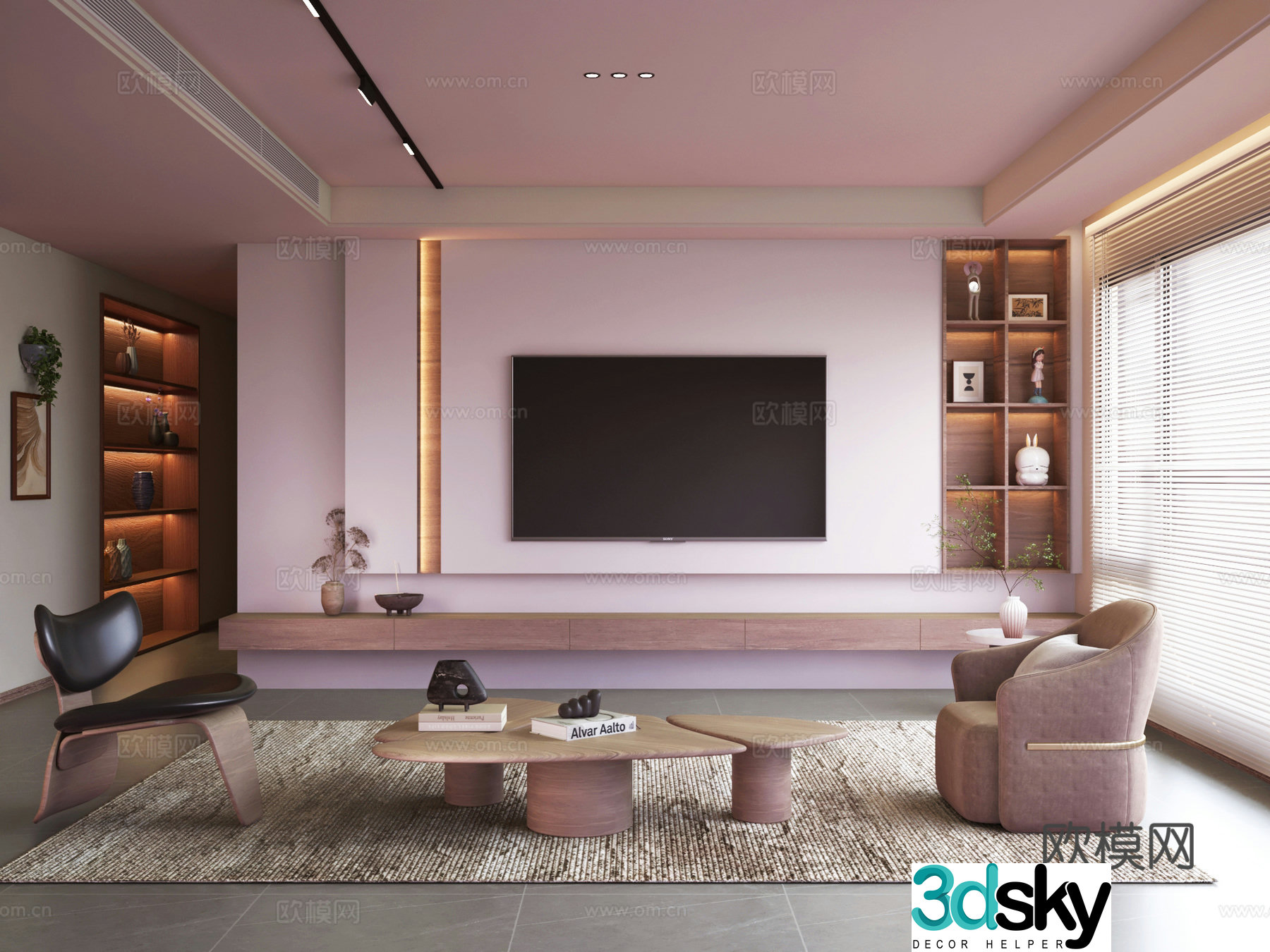 Middle style living room TV wall coffee table single sofa 3d model