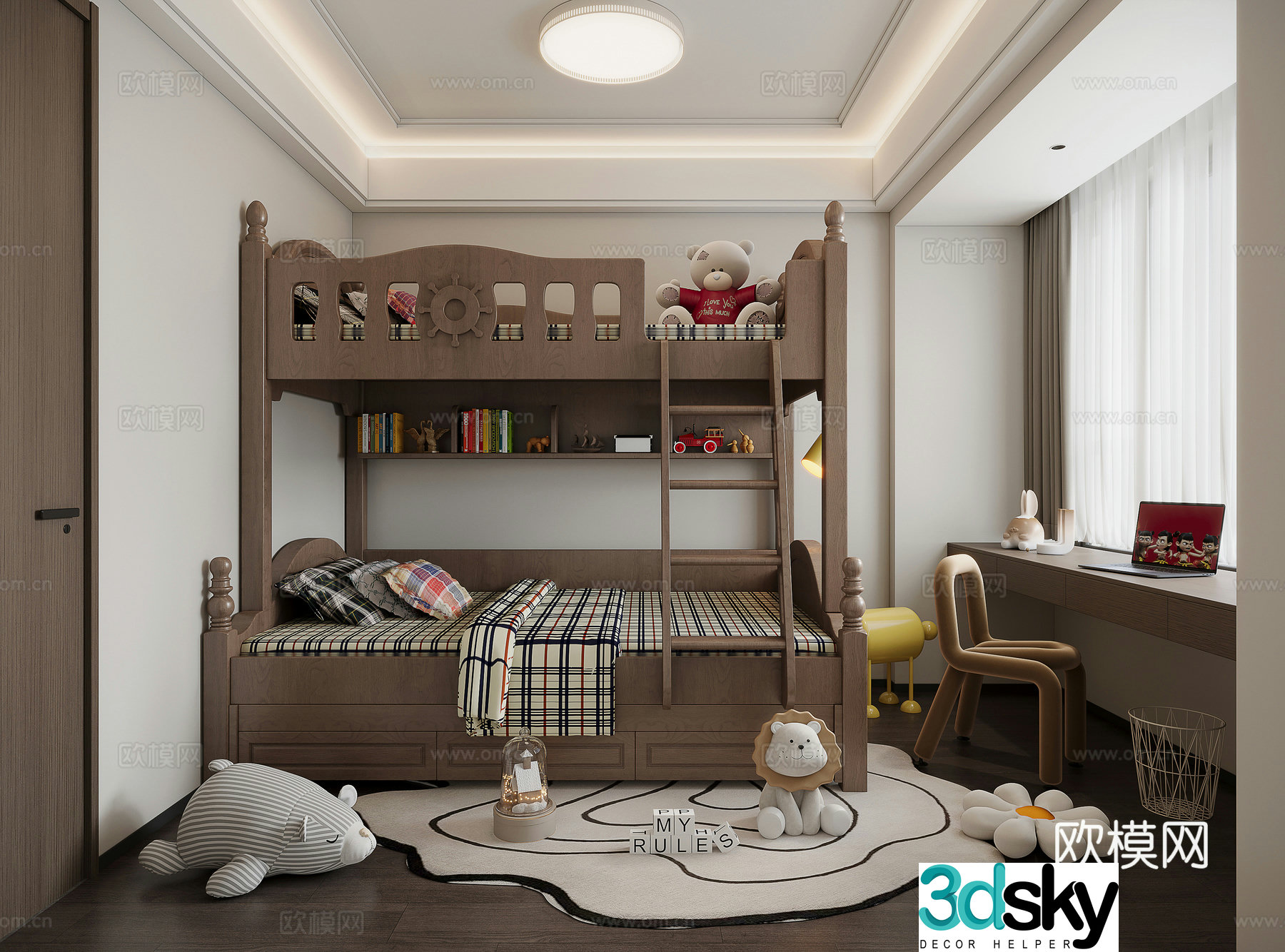 Modern universal children’s room solid wood bunk bed 3D model