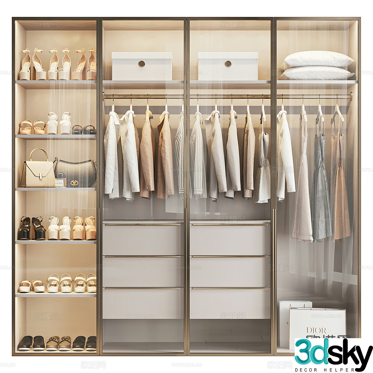 Modern light luxury minimalist glass wardrobe 3D model