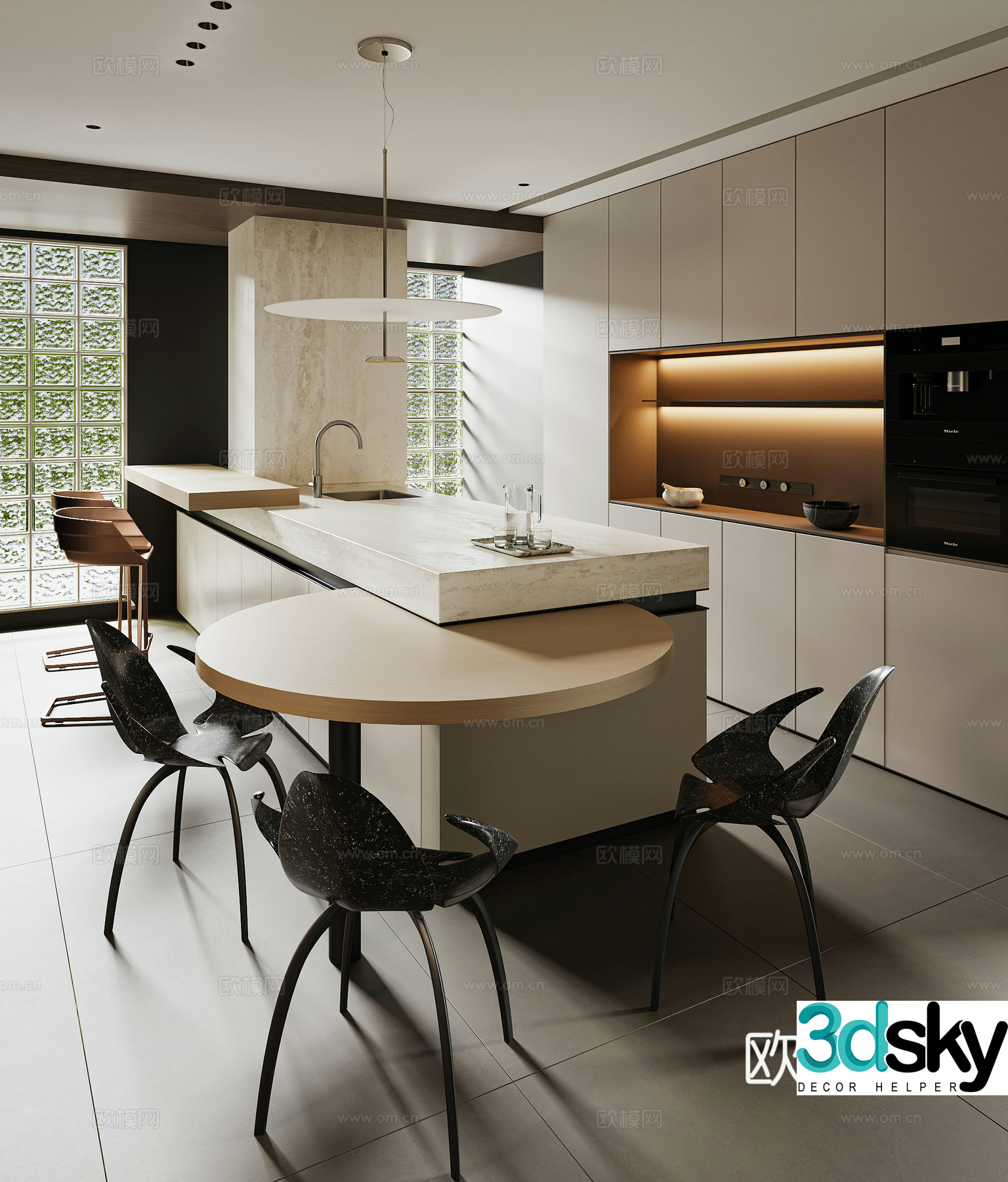 Simple European style island restaurant table and chair combination dining cabinet chandelier 3d model