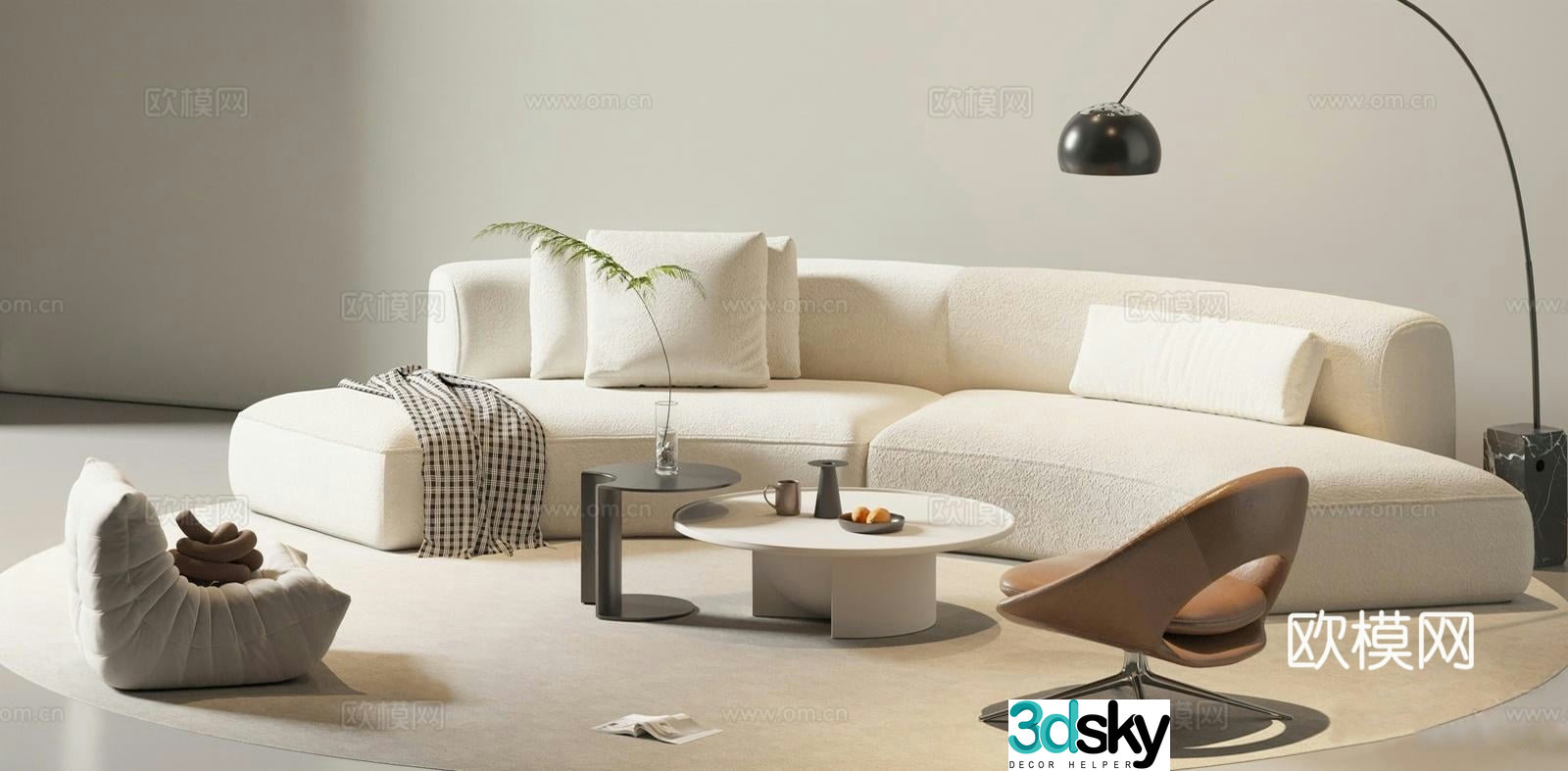 Oriental white casual sofa combination 3D model