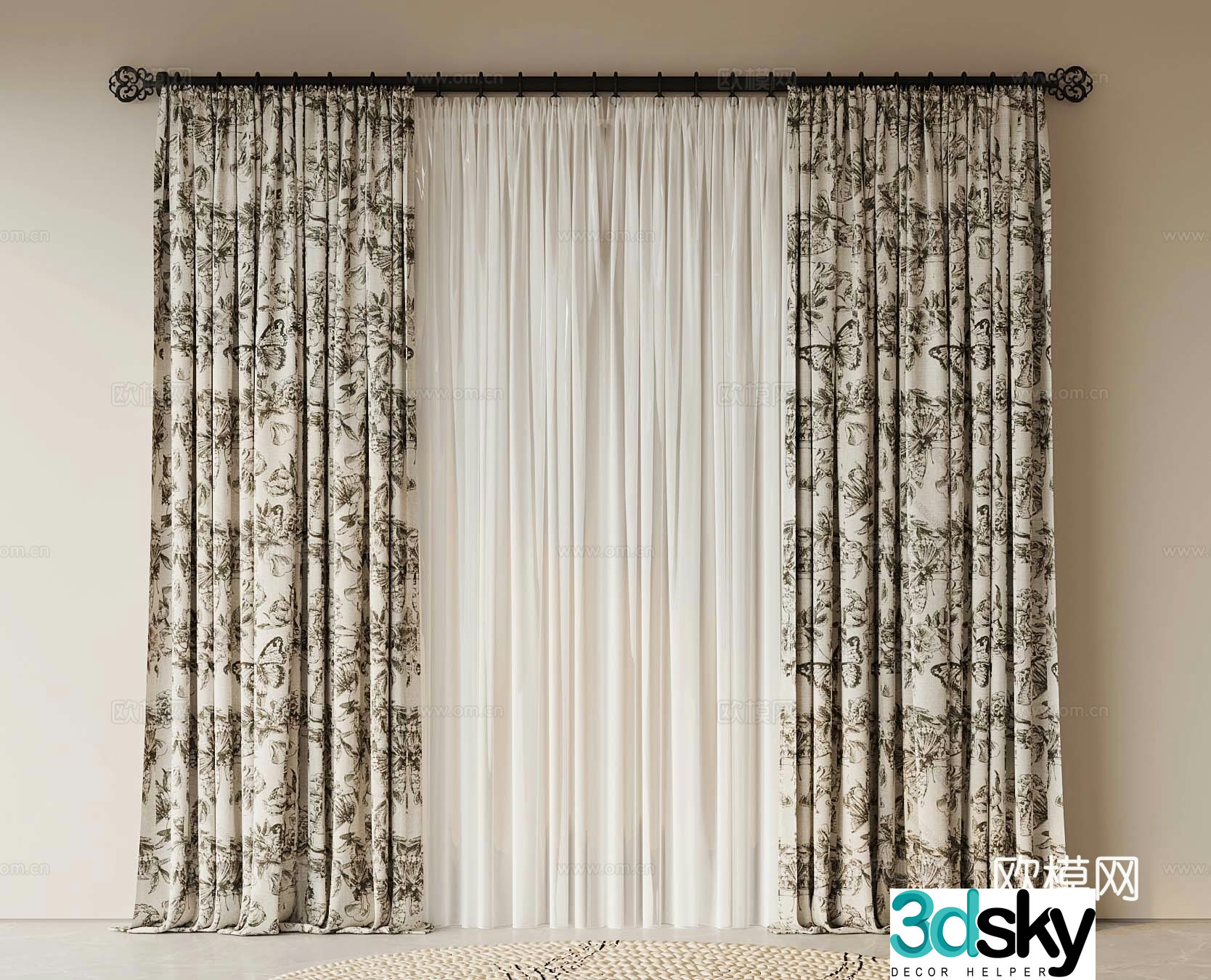 French retro curtain floral curtain 3d model