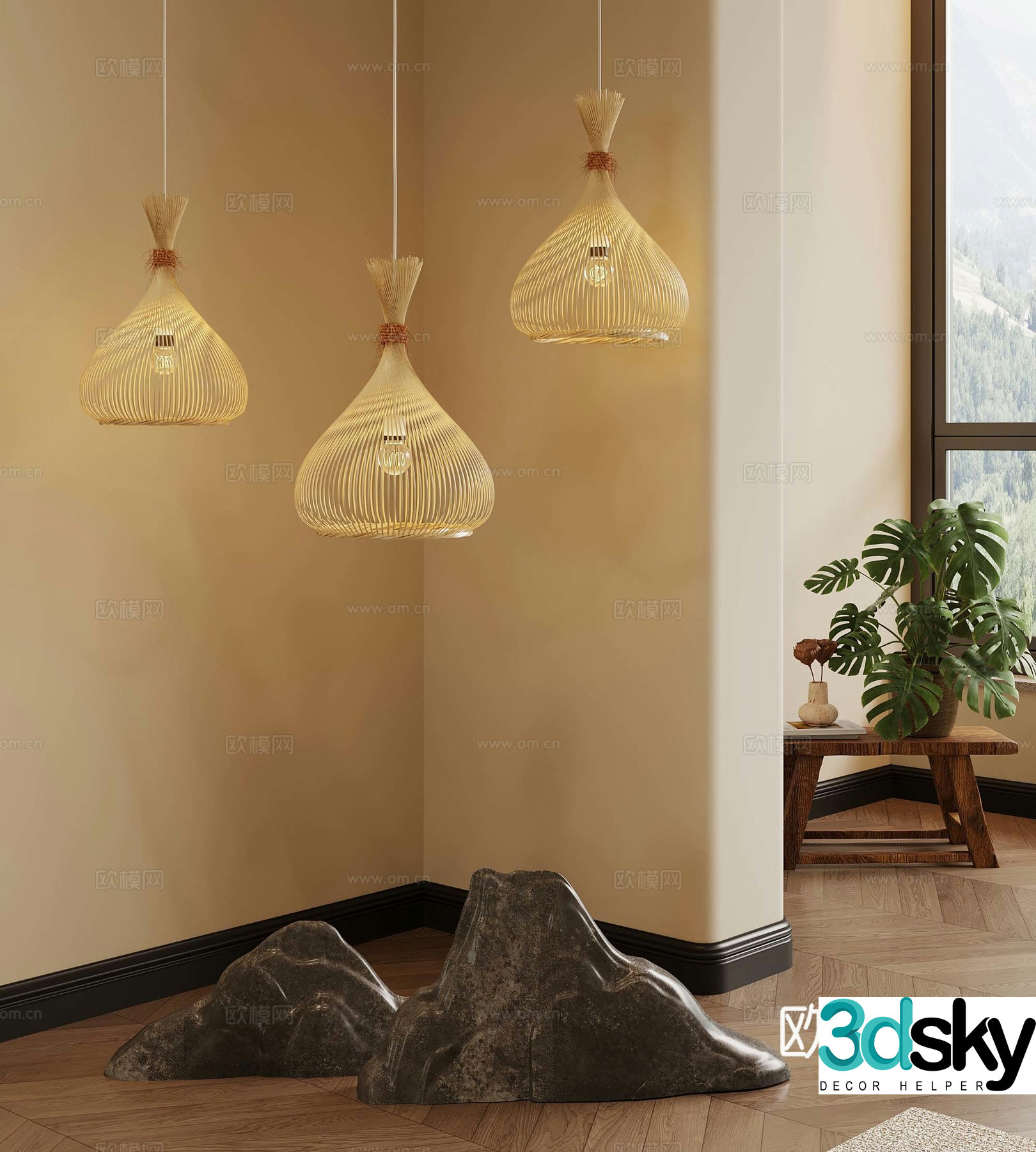 Wasabi Middle Style Chandelier Green Plant Potted Bonsai Stone 3D Model