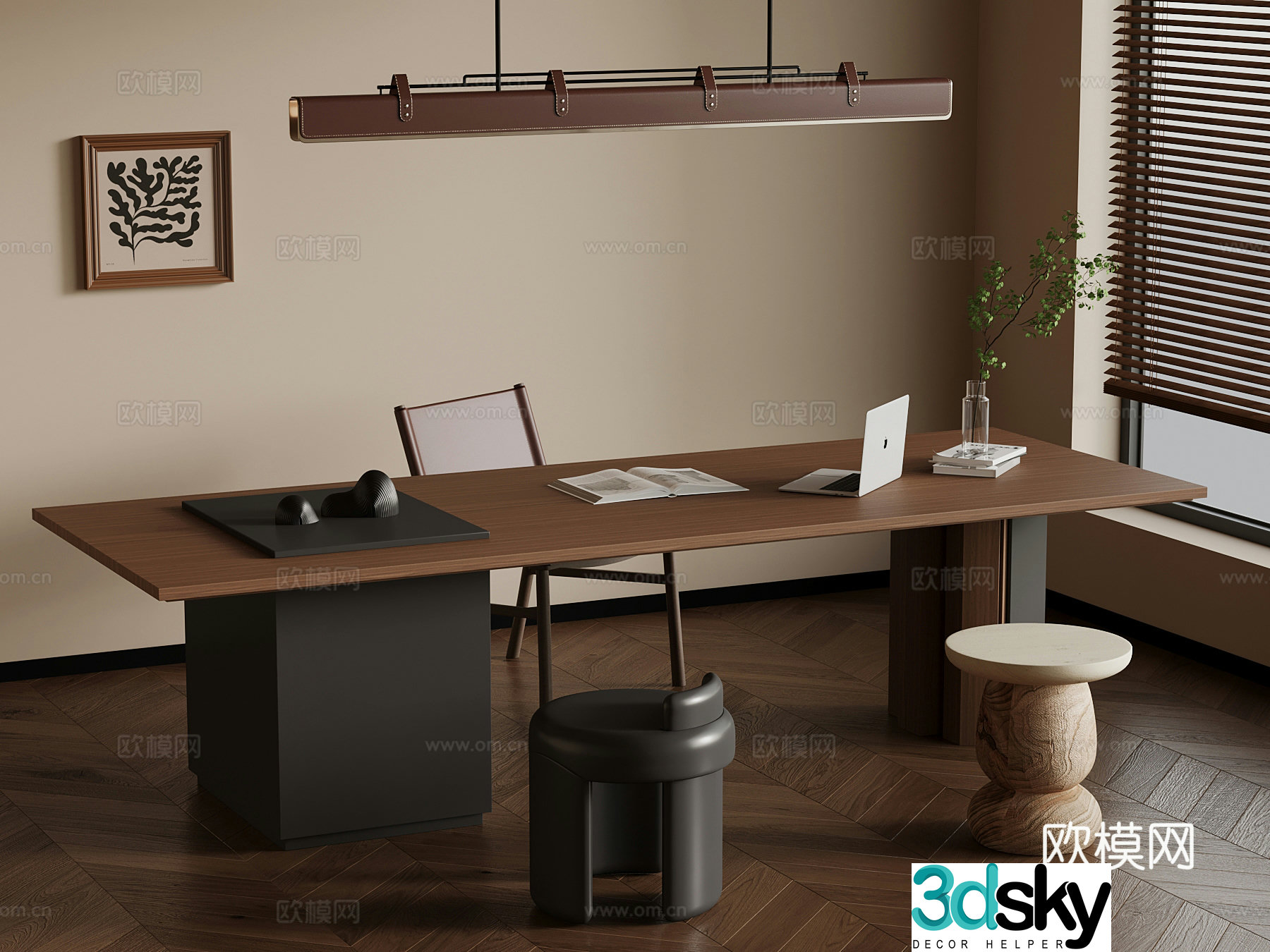 Desk and chairs medieval style desk and chairs chandelier 3d model