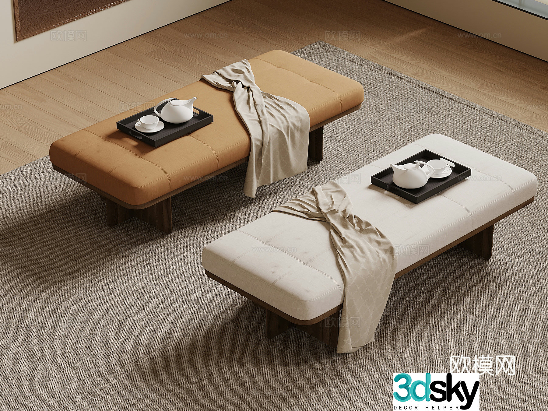 Bed tail stool New Chinese style bed stool shoe change stool sofa 3D model