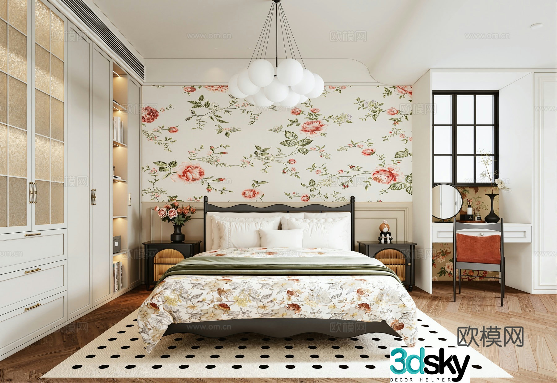 French medieval style bedroom wardrobe chandelier headset makeup table double bed 3d model