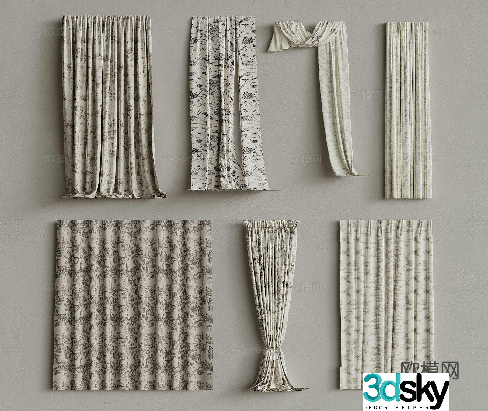 Universal curtain French retro floral curtain 3d model