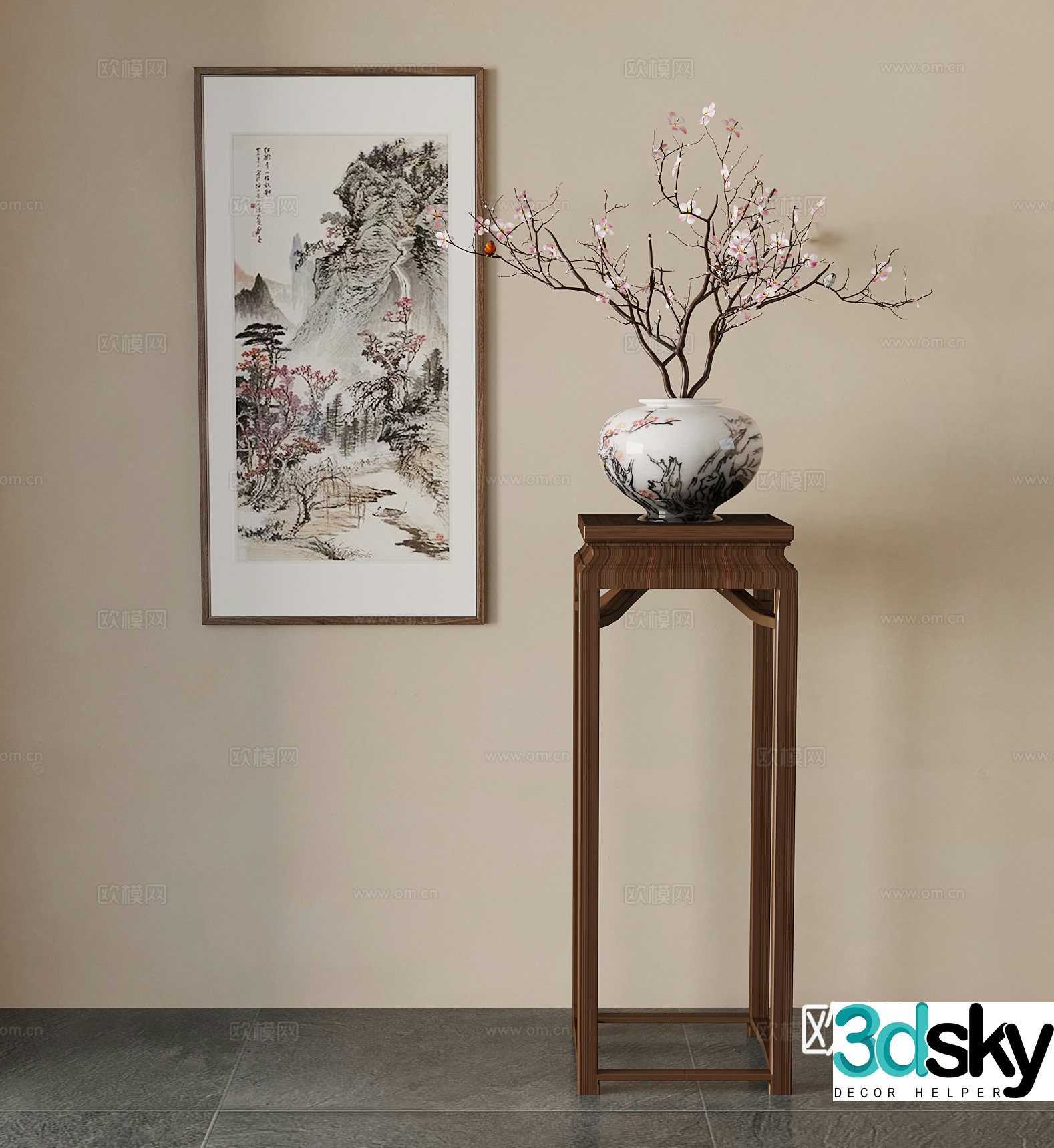 Flower stand New Chinese style flower stand Vase Decorative painting 3D model