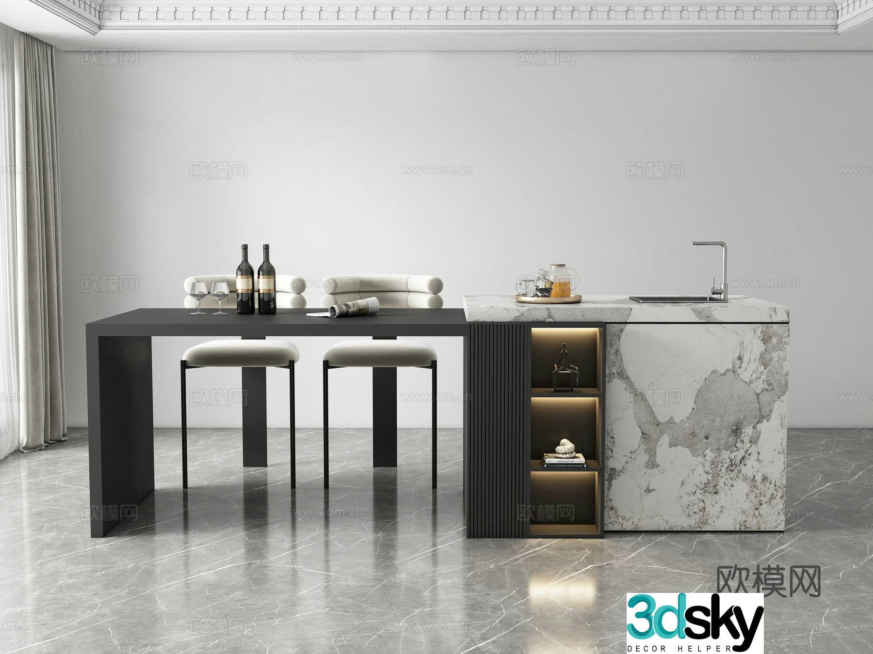 Modern island dining table and chair 3d model