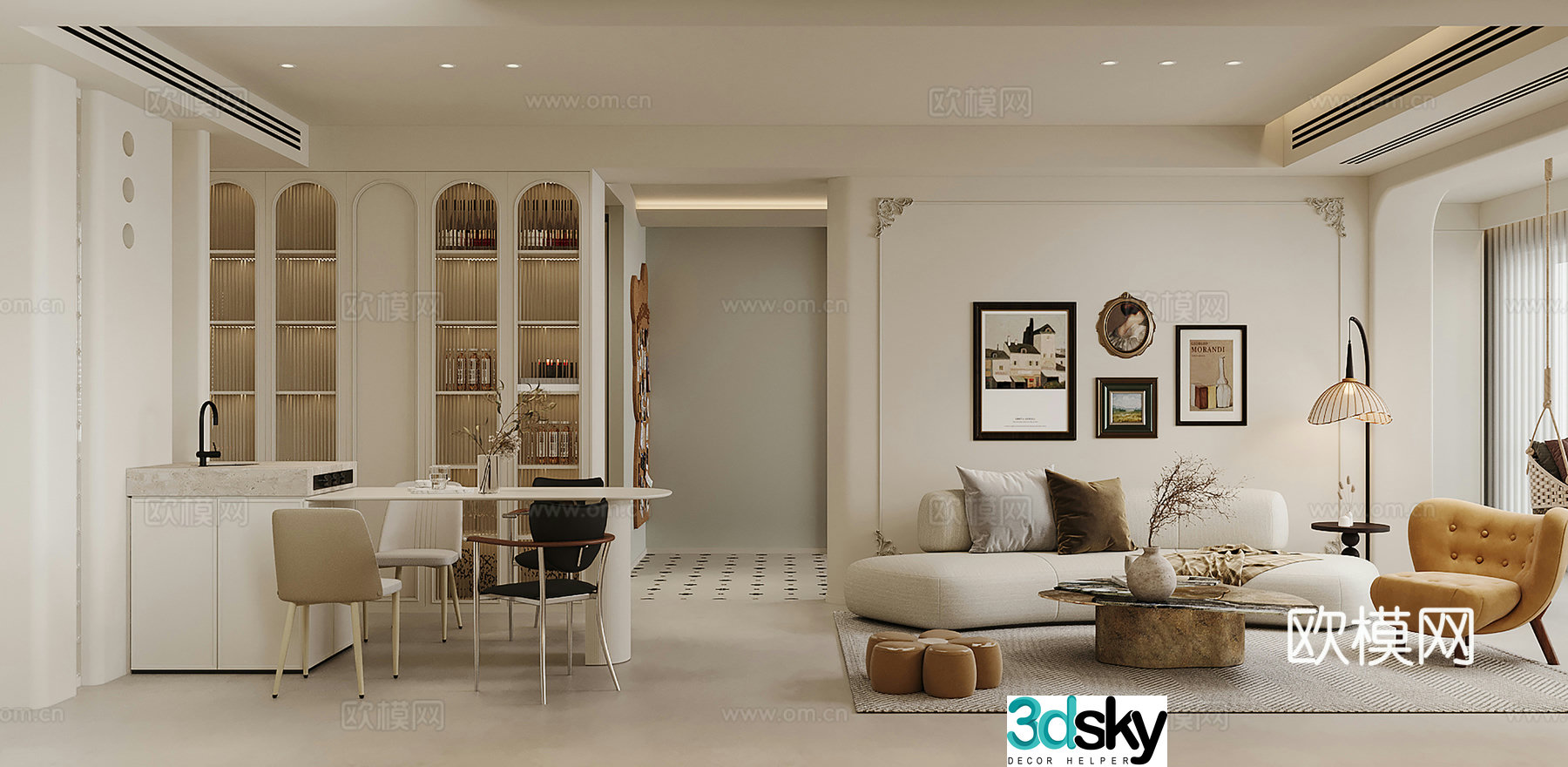 French living and dining room 3d model