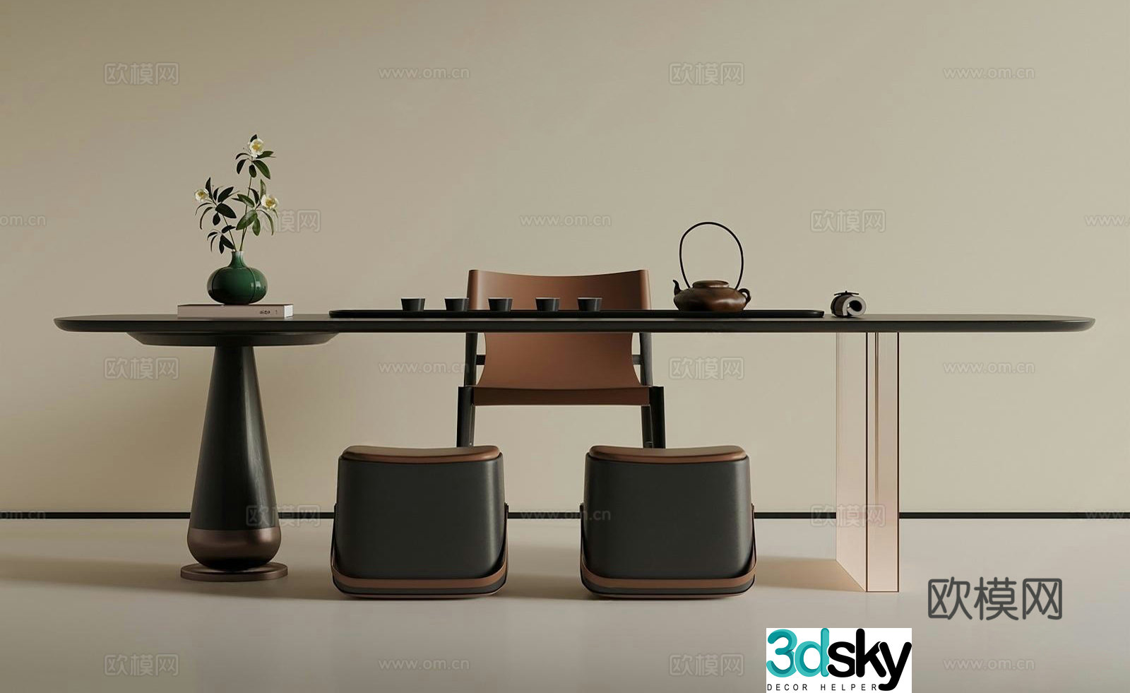New Chinese casual tea table and chair 3D model
