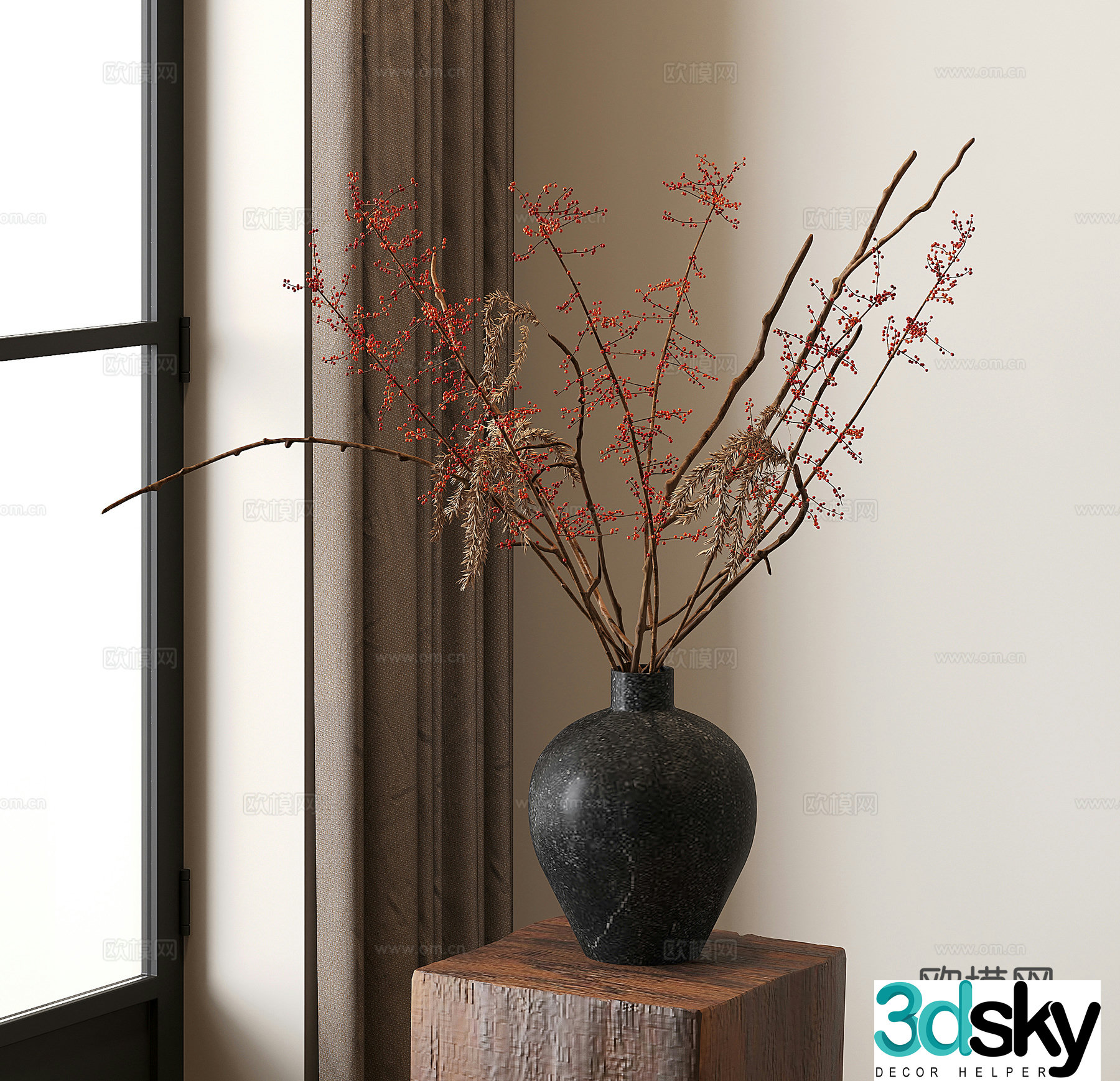 Middle-aged vase flower art stems and branches red currant dried flowers and dried fruits 3D model