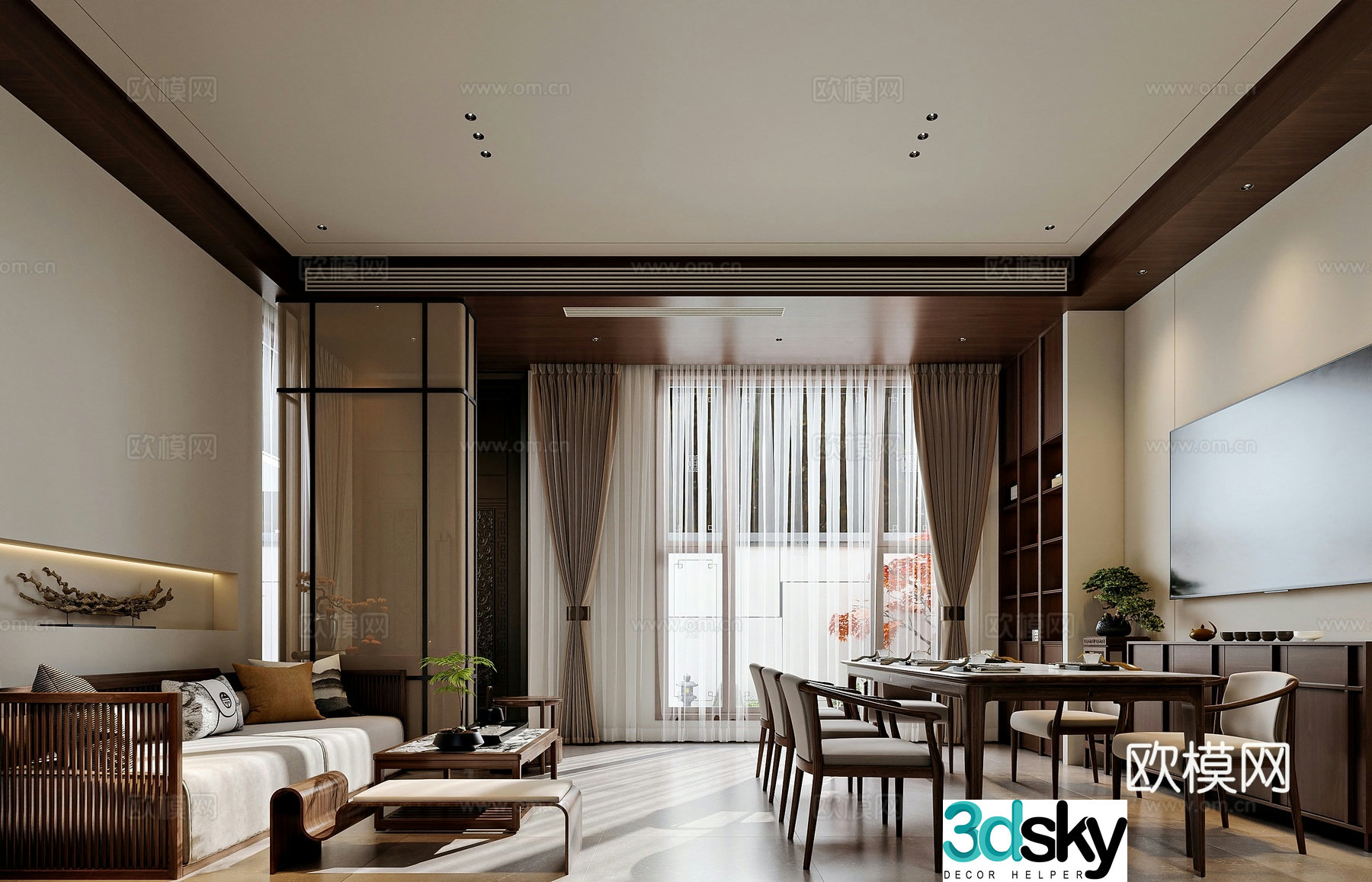 New Chinese style villa living and dining room 3D model