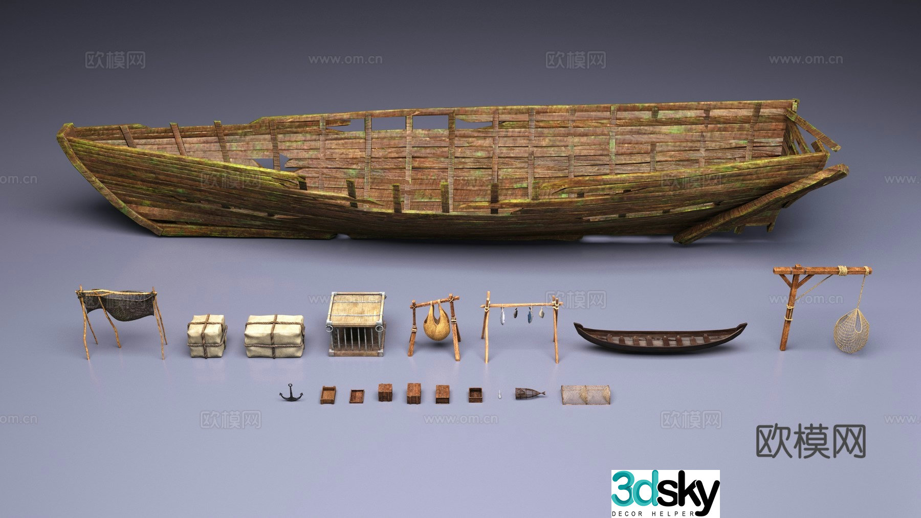 Fishing boat and tools 3d model
