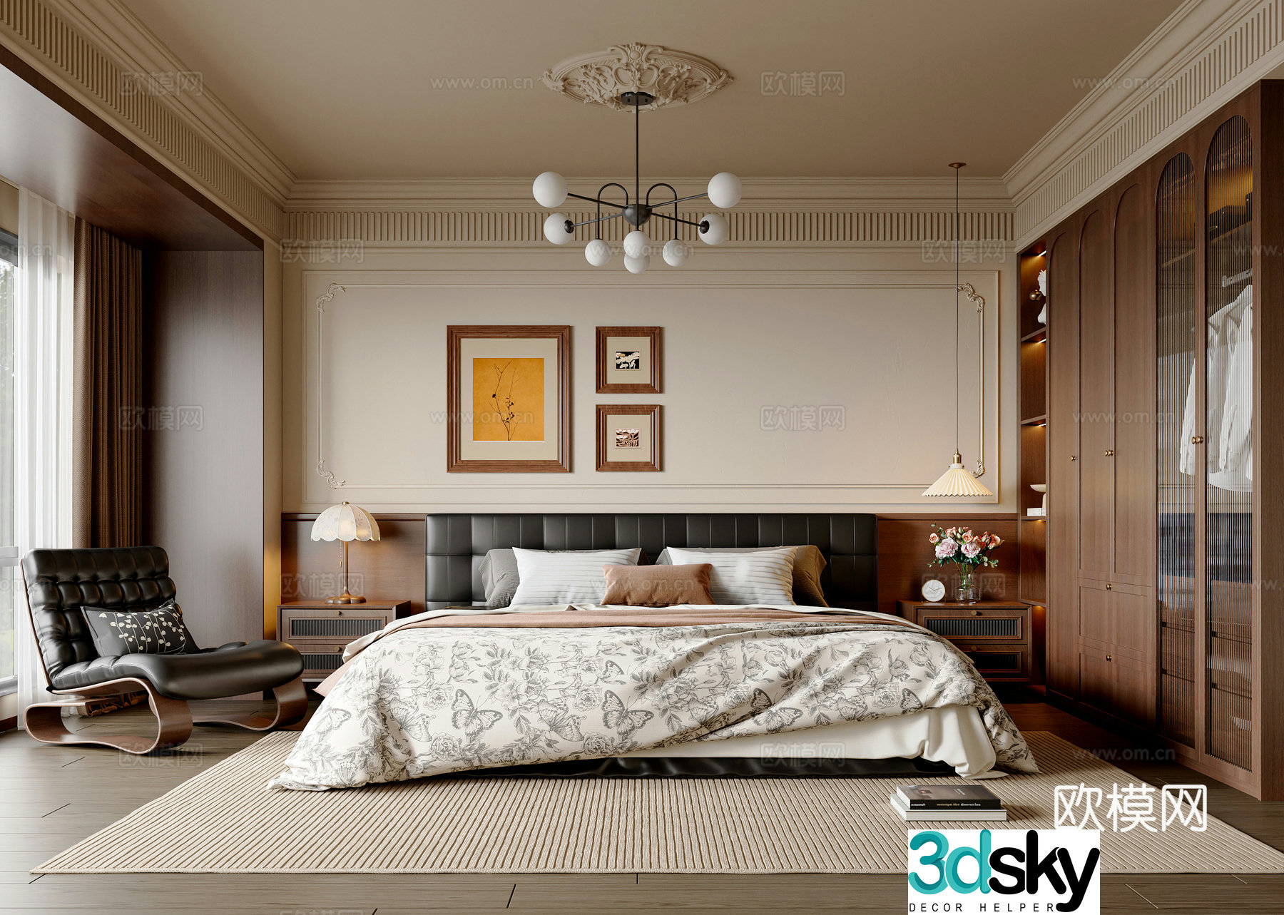 French medieval style bedroom French double bed wardrobe French casual chair chandeliers 3D model
