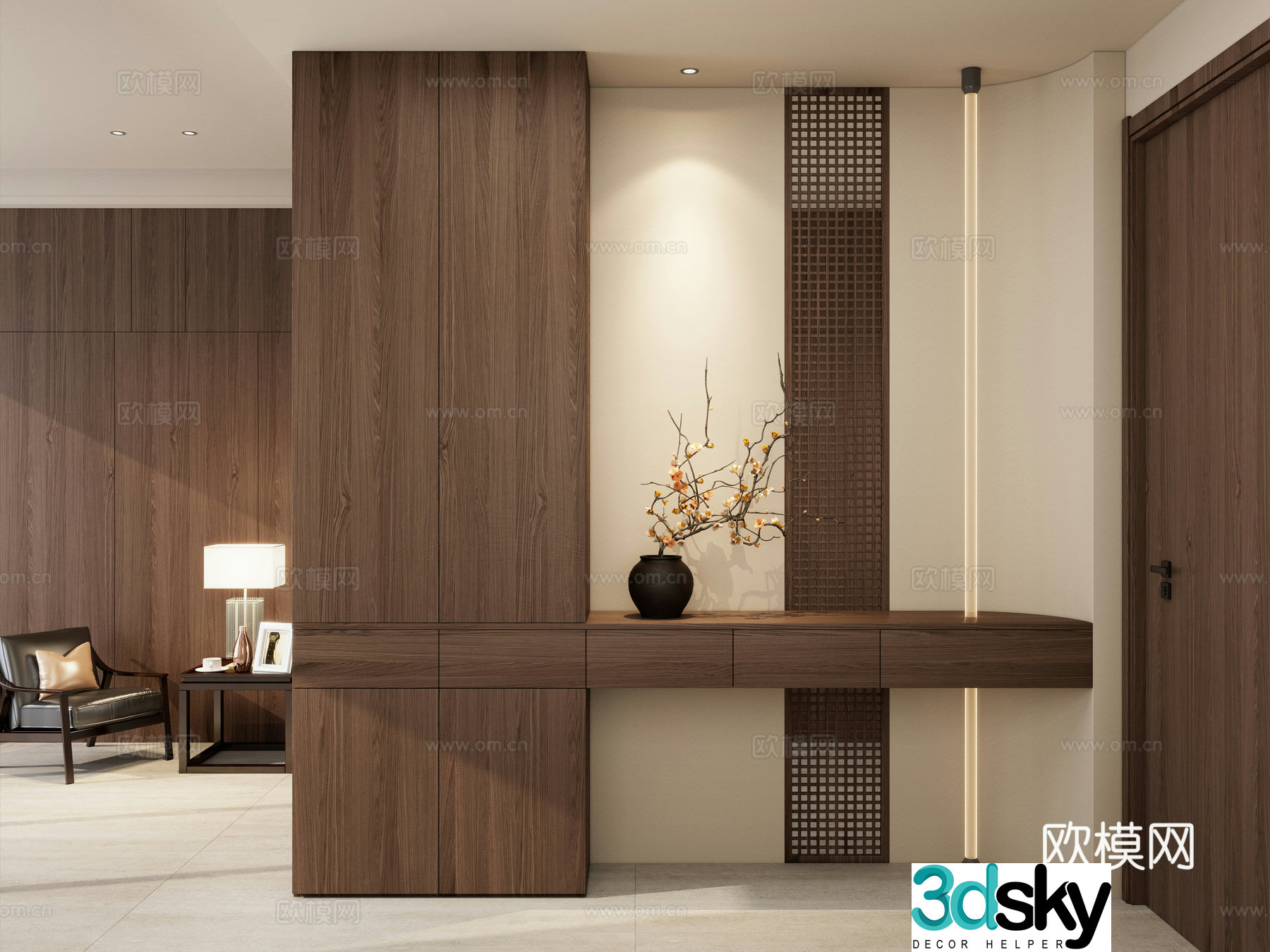 Song style Zen solid wood partition linear lamp end view partition vase 3d model