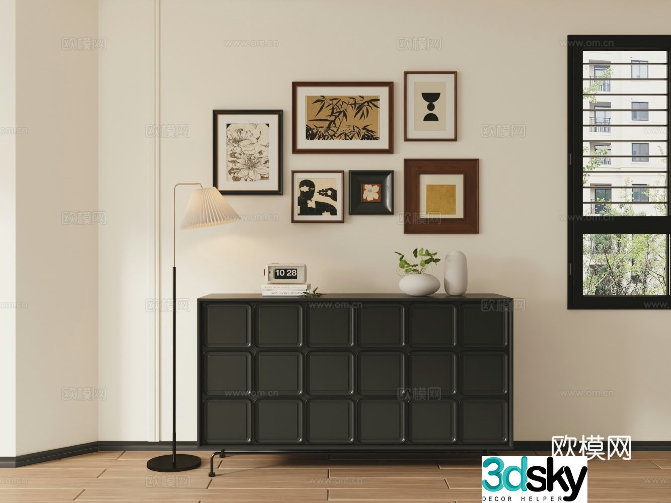 Modern black porch cabinet side cabinet floor lamp vase photo frame calendar 3d model