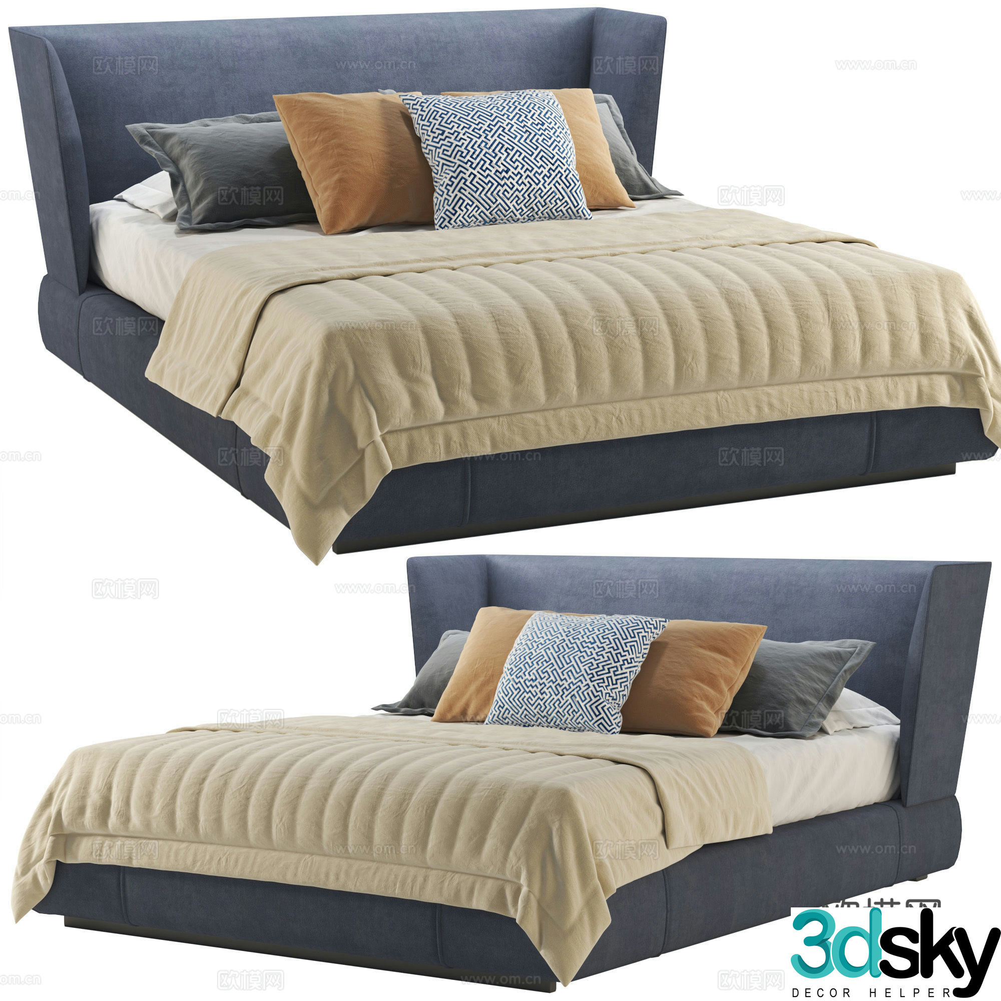 Modern Italian fabric double bed 3D model