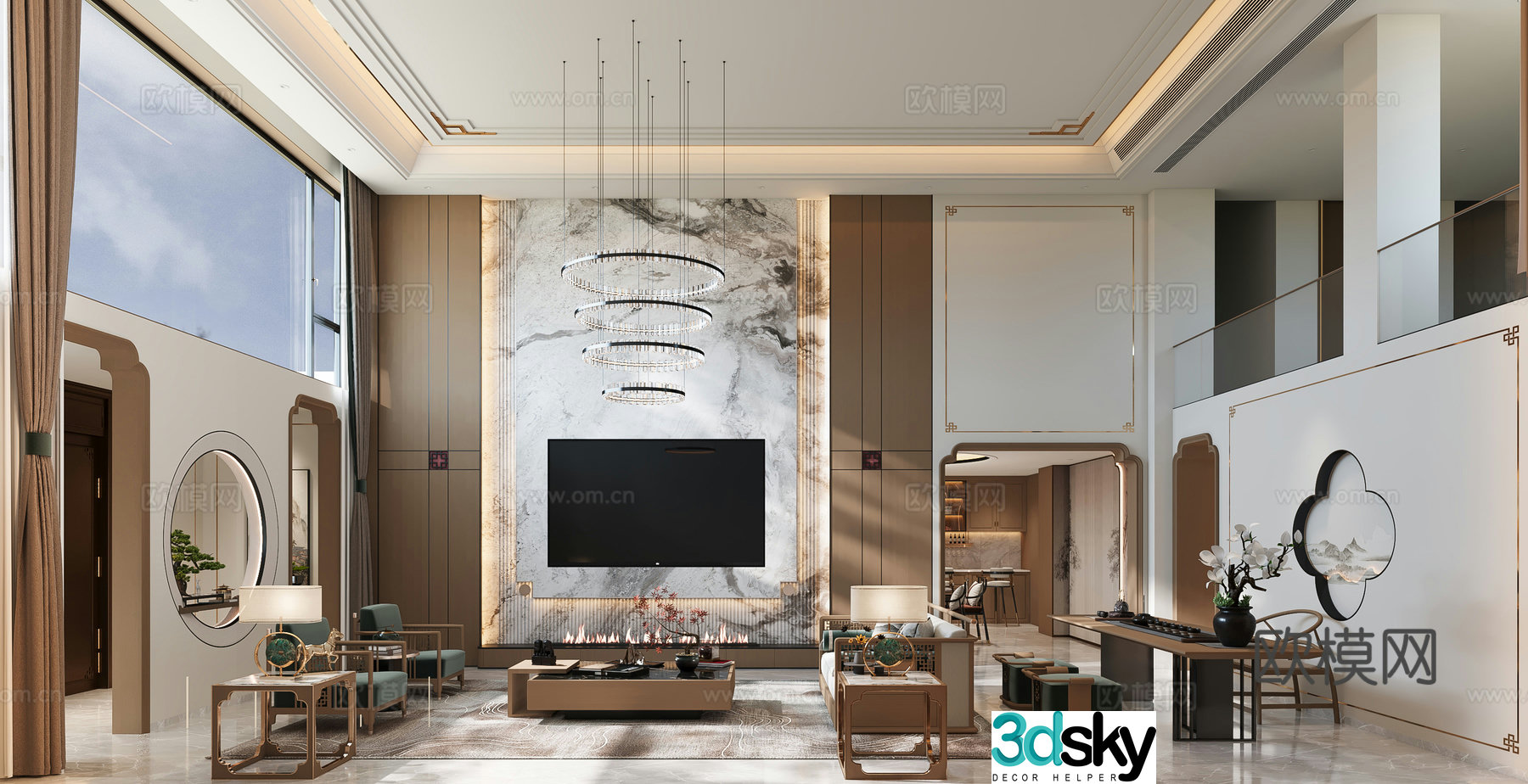 New Chinese style living and dining room TV background wall empty villa high villa 3D model