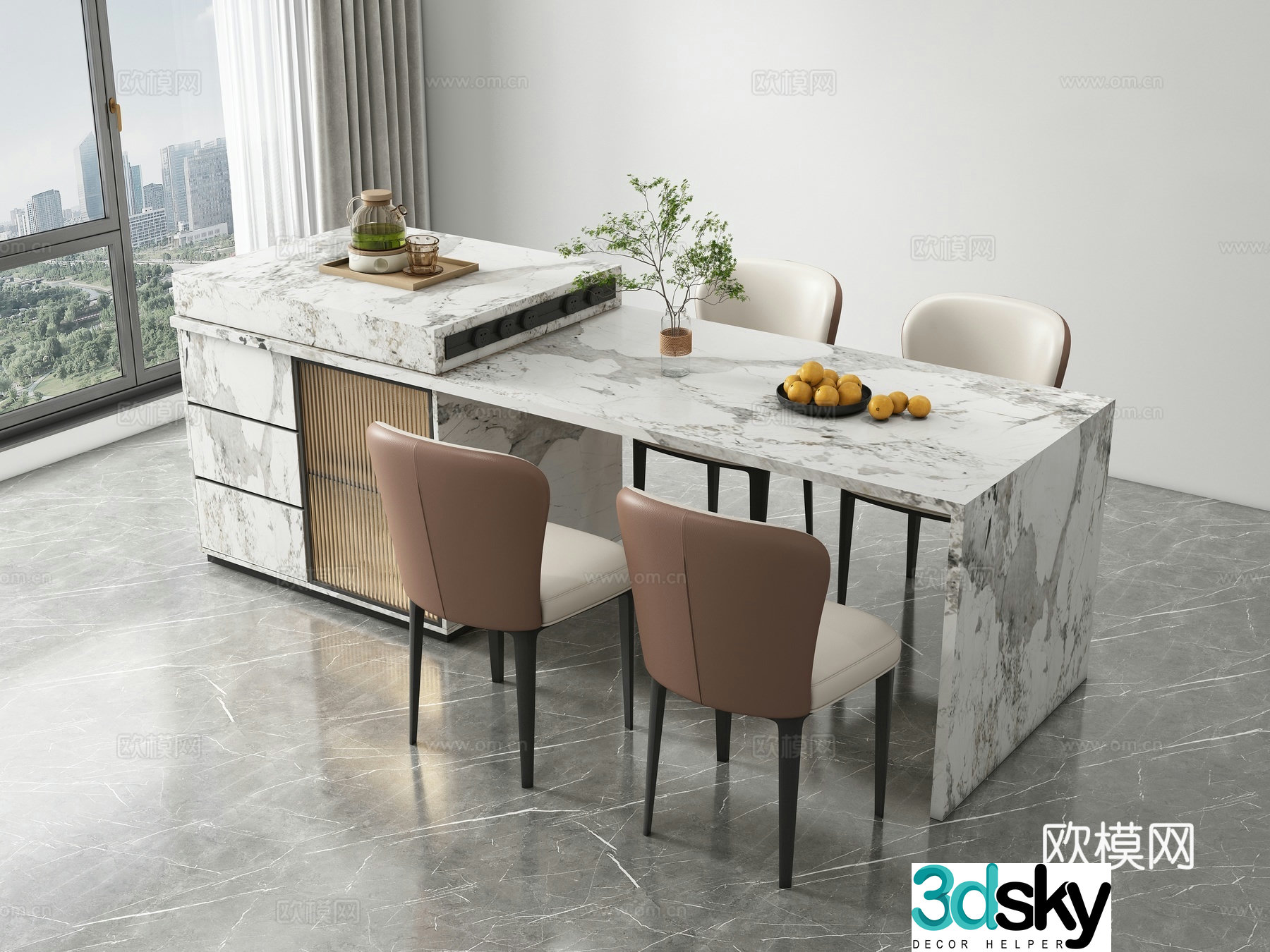 Modern island dining table and chair 3d model